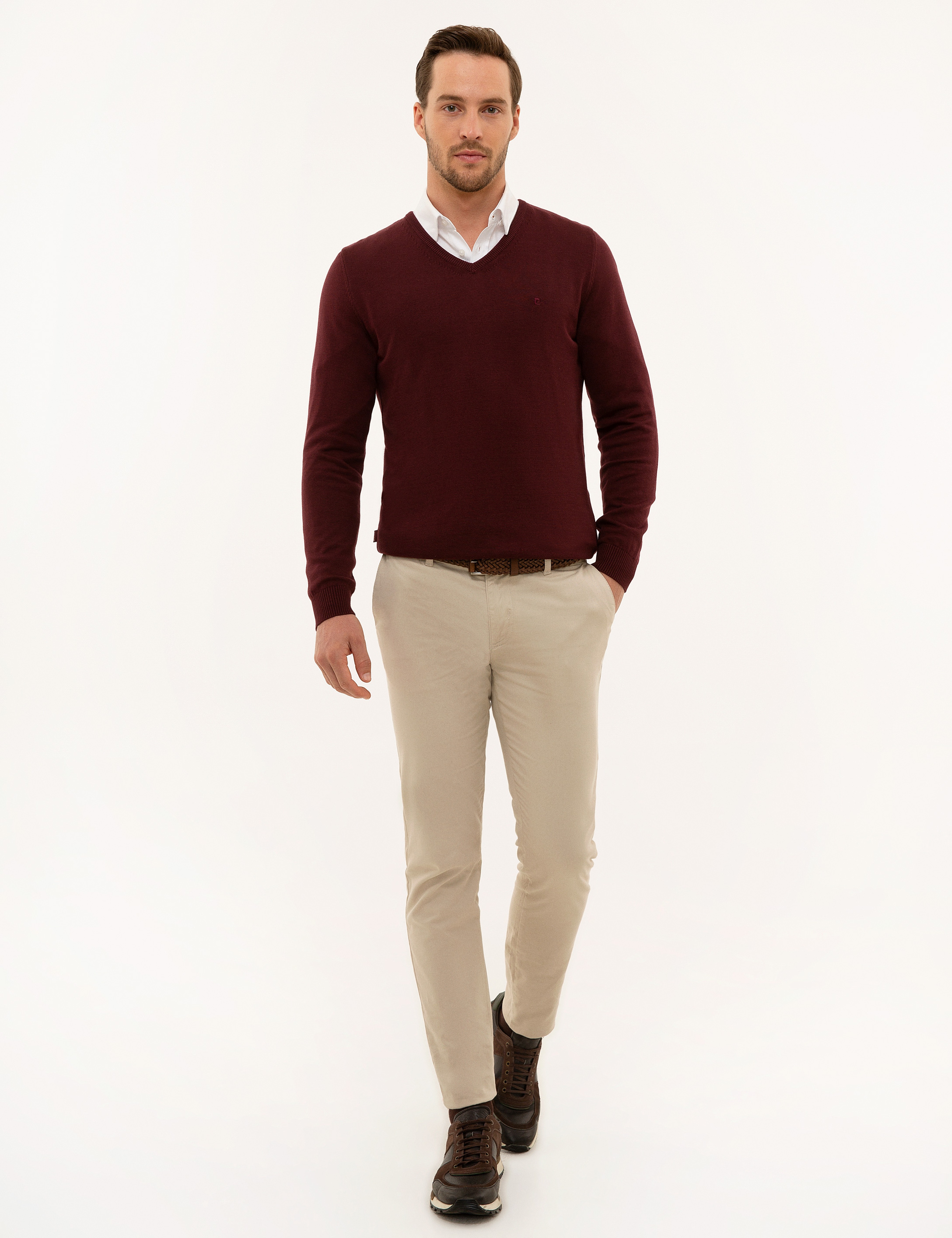 Bordo Slim Fit V Yaka Basic Triko Kazak - Image 6