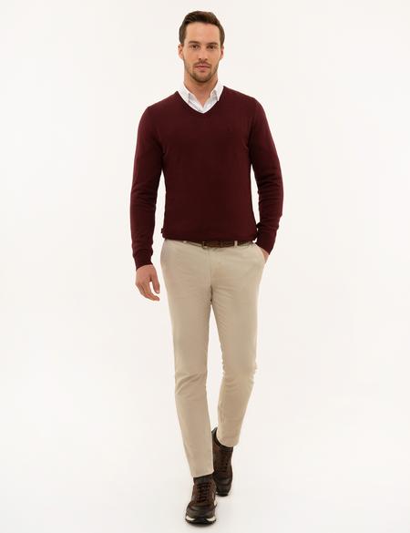 Bordo Slim Fit V Yaka Basic Triko Kazak - 50229214088