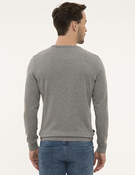 Gri Melanj Slim Fit Bisiklet Yaka Basic Triko Kazak - 50229215199