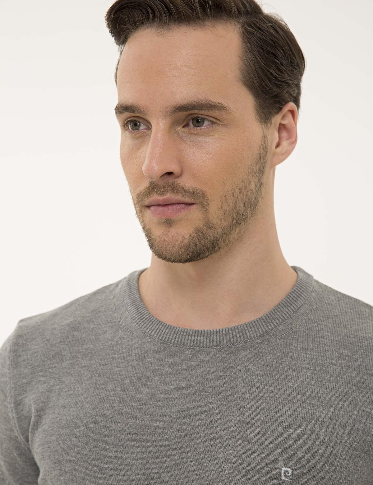 Gri Melanj Slim Fit Bisiklet Yaka Basic Triko Kazak