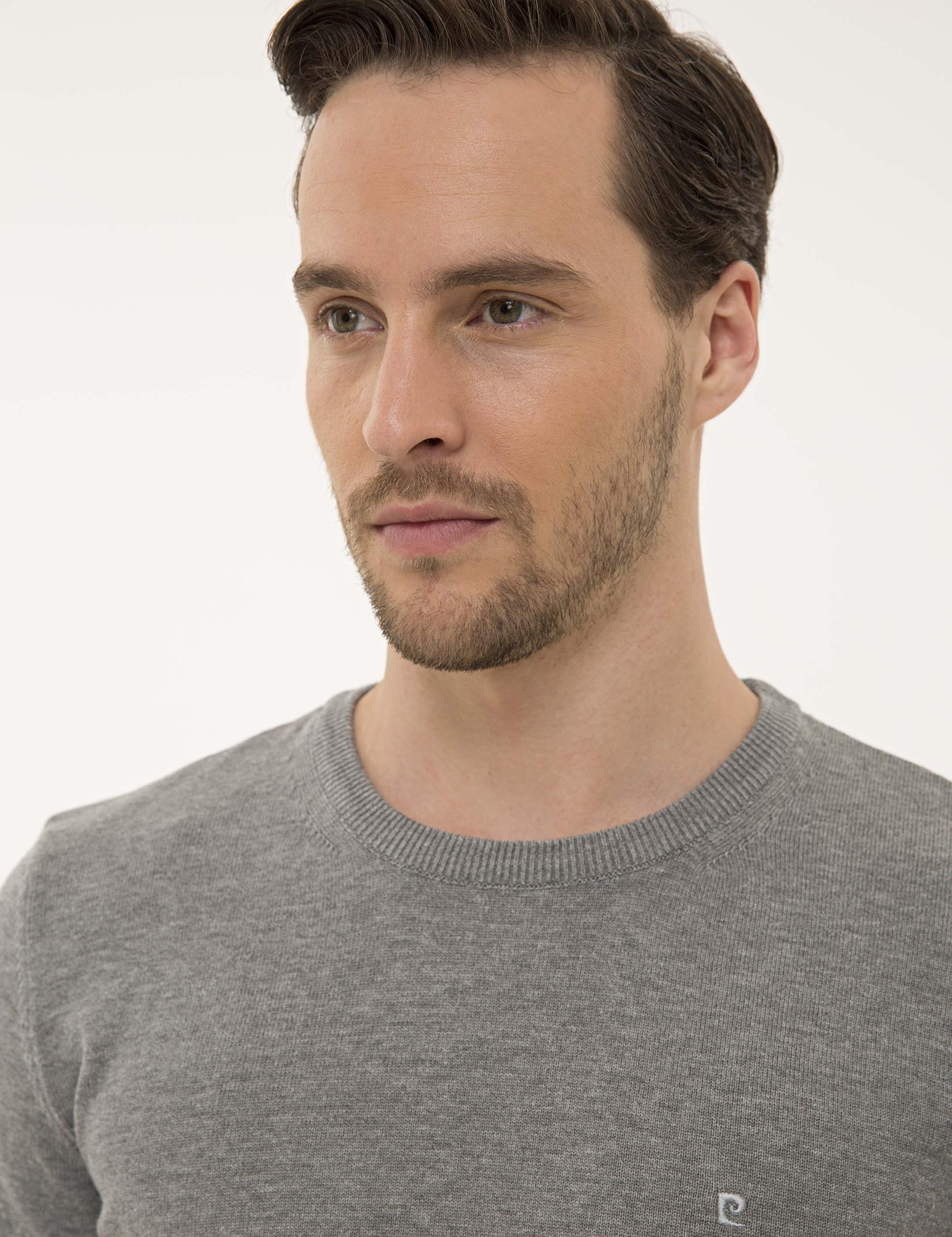 Gri Melanj Slim Fit Bisiklet Yaka Basic Triko Kazak