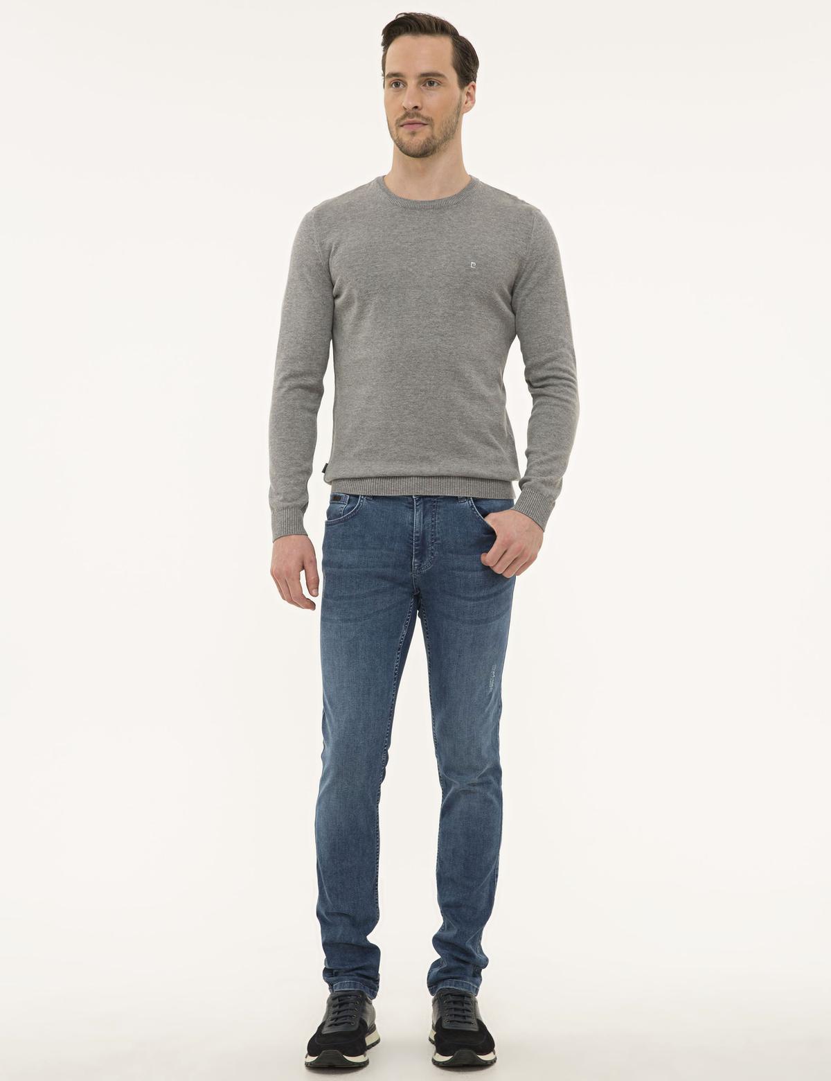 Gri Melanj Slim Fit Bisiklet Yaka Basic Triko Kazak - 50229215199