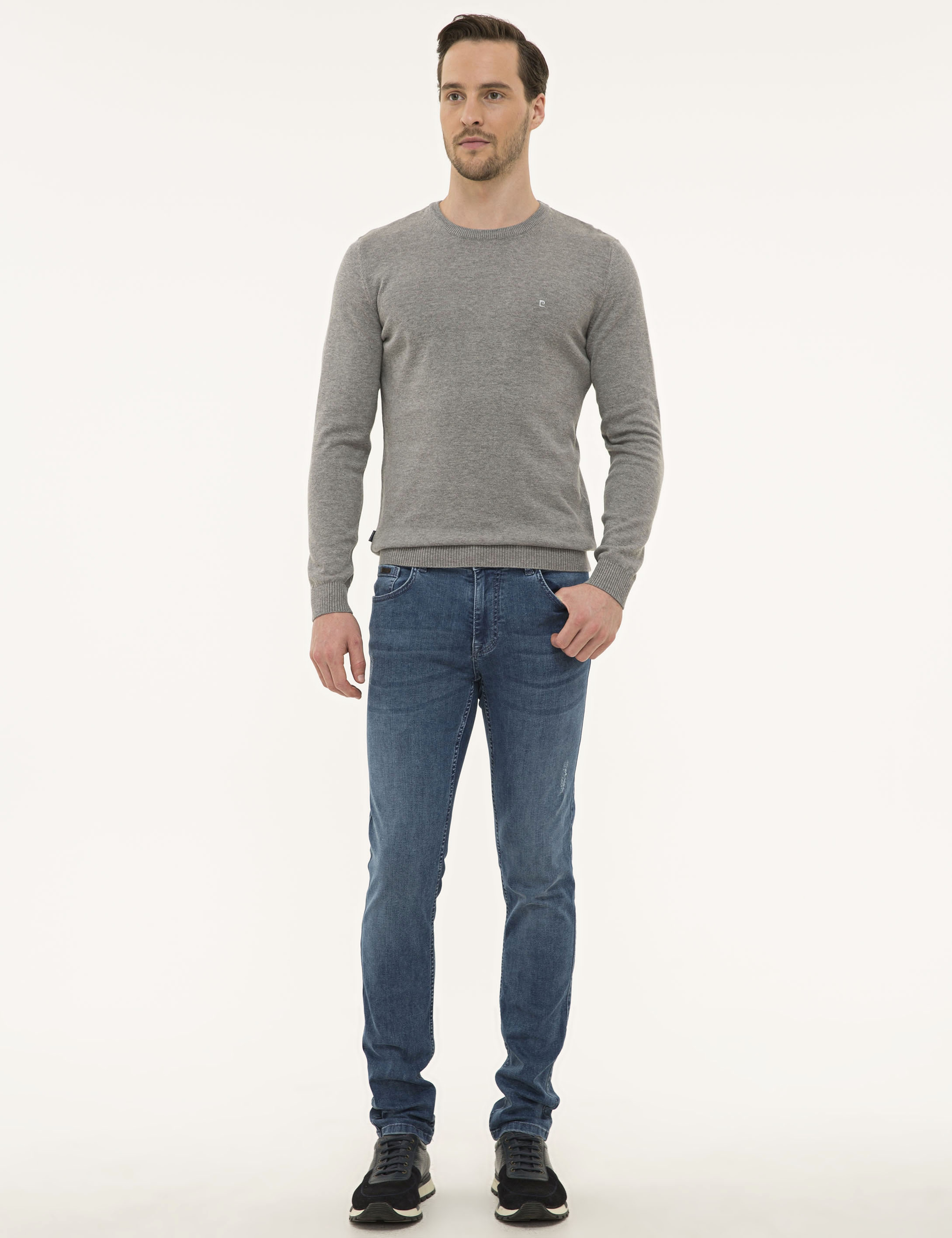 Gri Melanj Slim Fit Basic Kazak - Image 5
