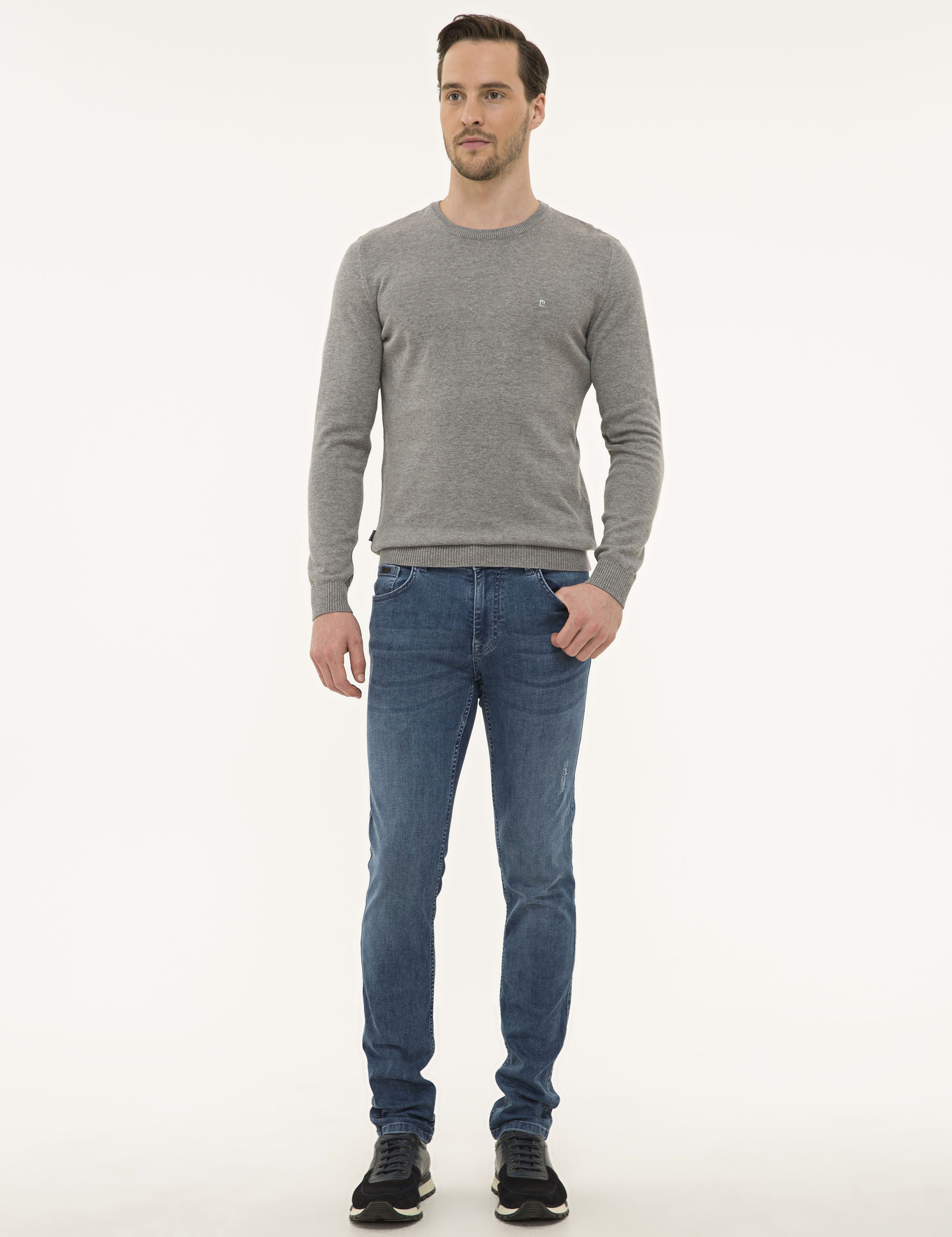 Gri Melanj Slim Fit Basic Kazak