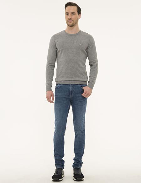 Gri Melanj Slim Fit Bisiklet Yaka Basic Triko Kazak - 50229215199