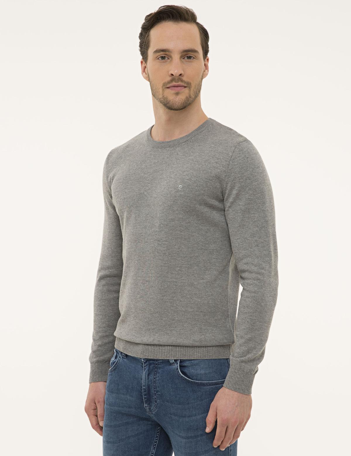 Gri Melanj Slim Fit Bisiklet Yaka Basic Triko Kazak - 50229215199