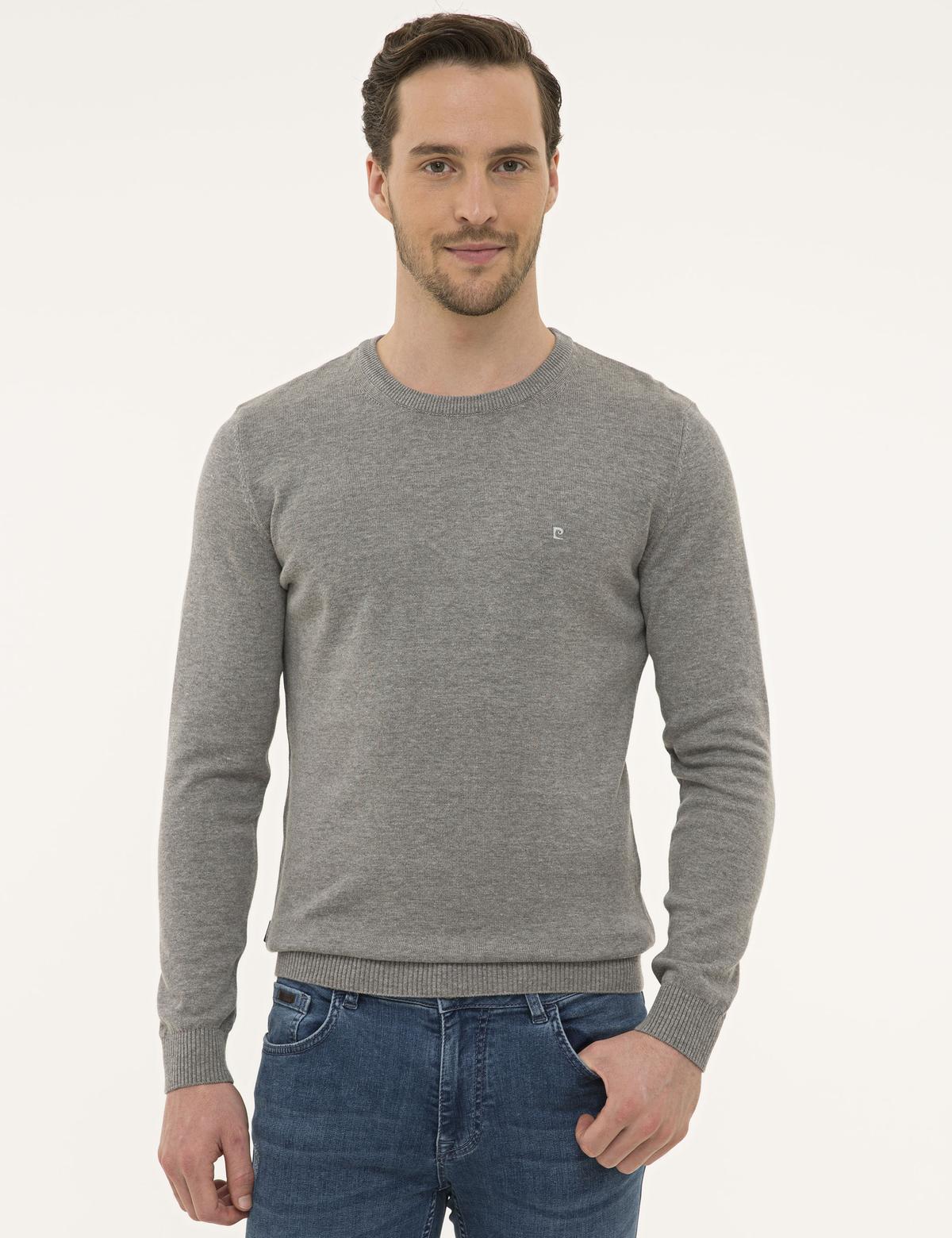 Gri Melanj Slim Fit Bisiklet Yaka Basic Triko Kazak - 50229215199