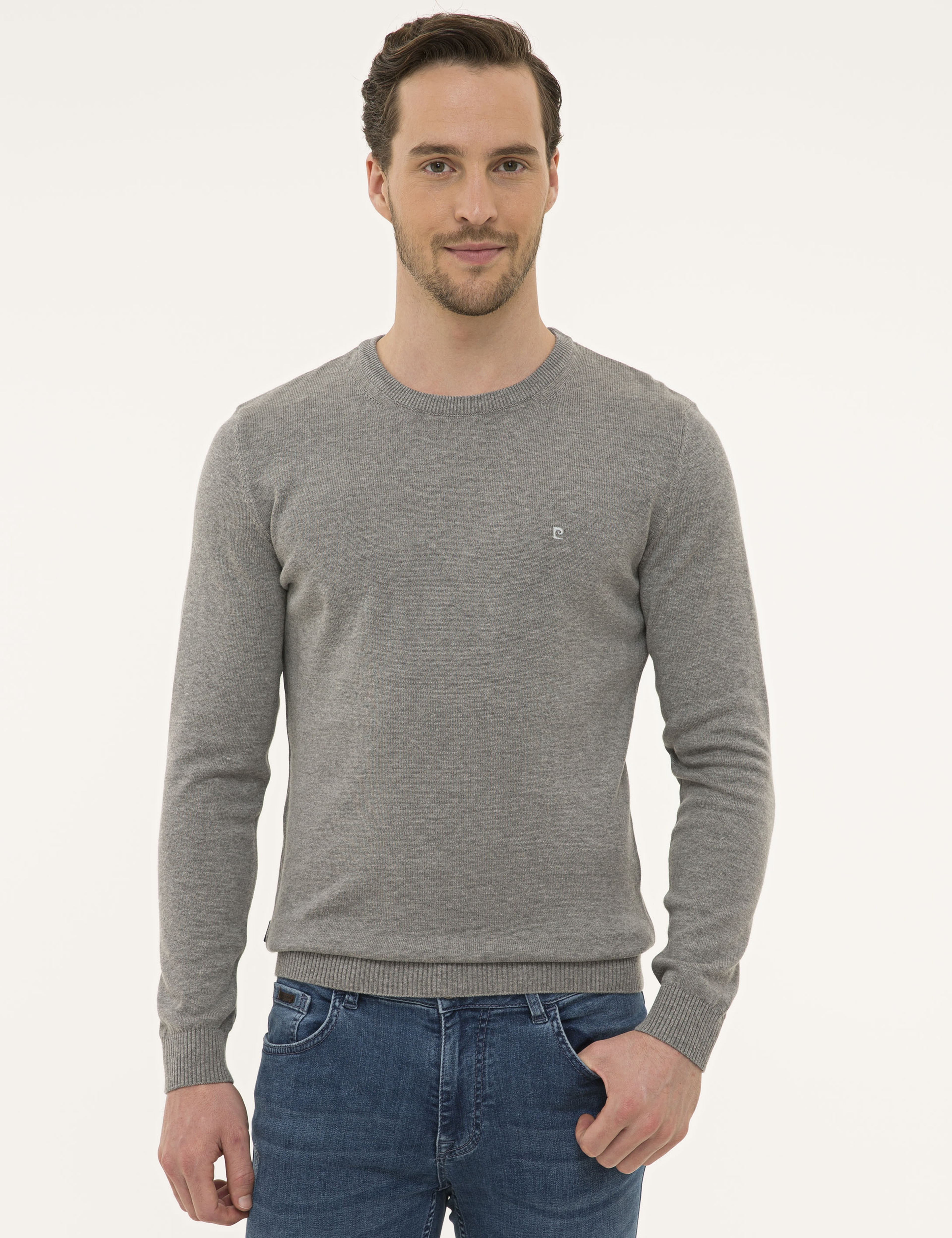 Gri Melanj Slim Fit Basic Kazak - Image 2