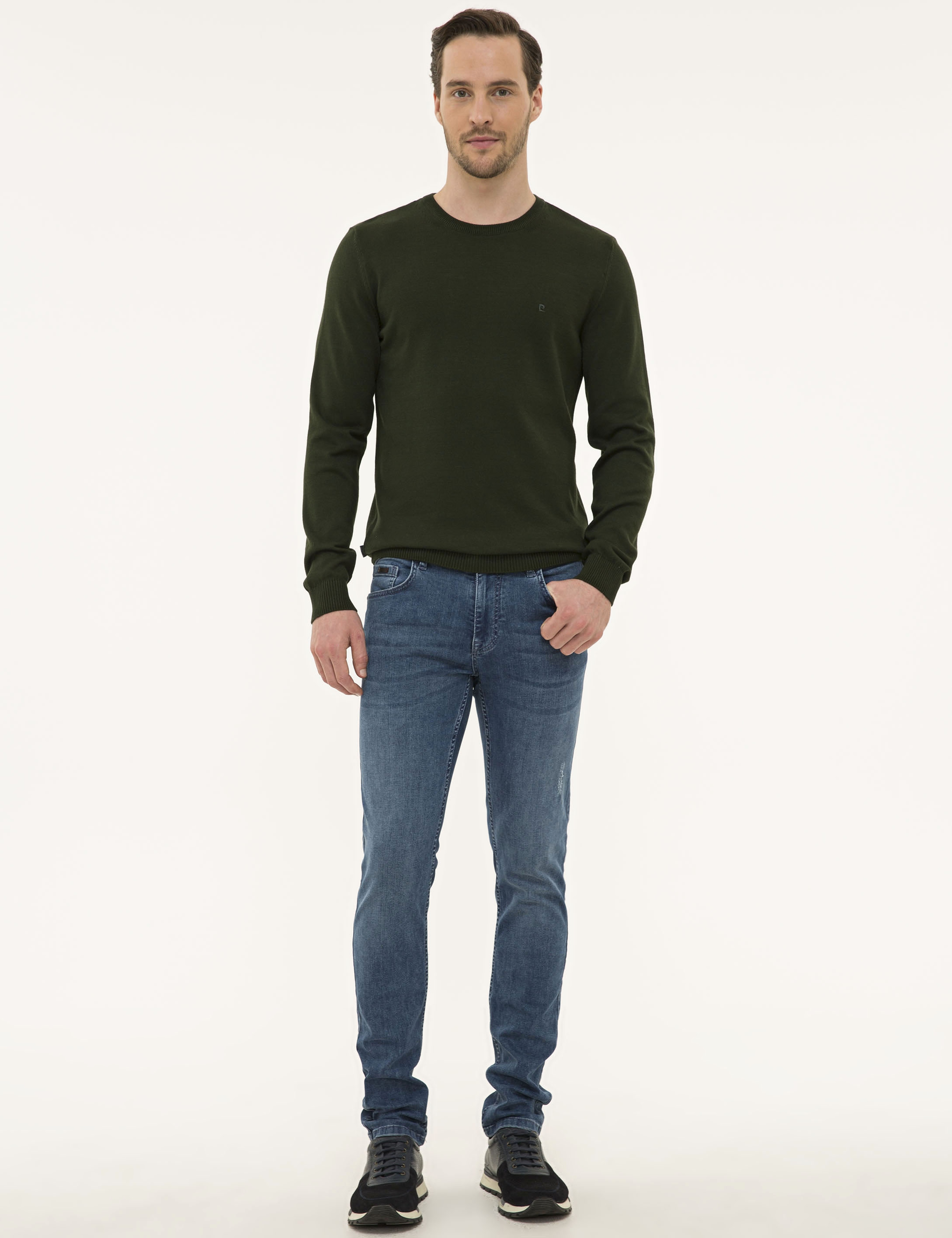Koyu Yeşil Slim Fit Bisiklet Yaka Basic Triko Kazak - Image 5
