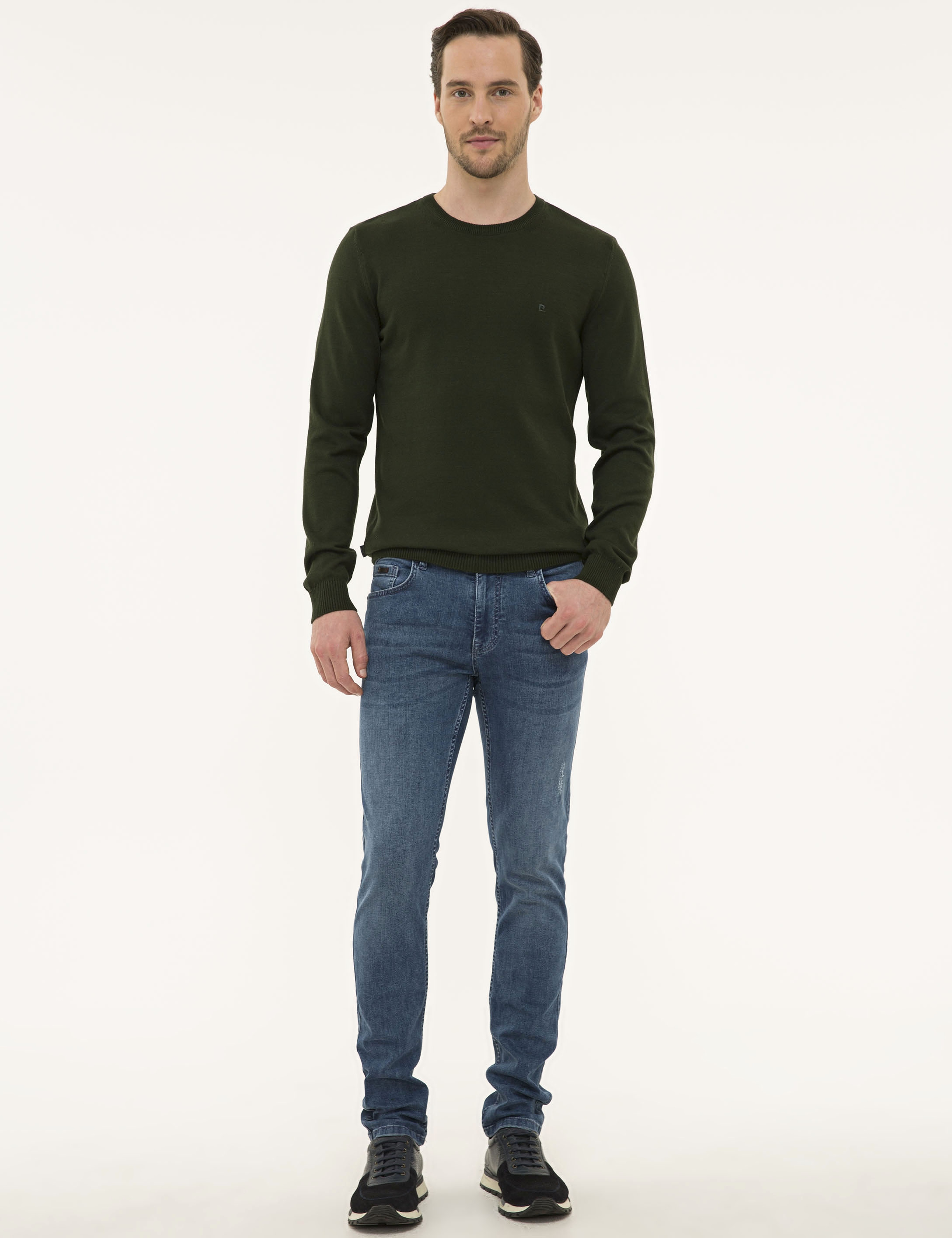 Koyu Yeşil Slim Fit Bisiklet Yaka Basic Triko Kazak
