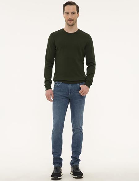 Koyu Yeşil Slim Fit Bisiklet Yaka Basic Triko Kazak - 50229215189