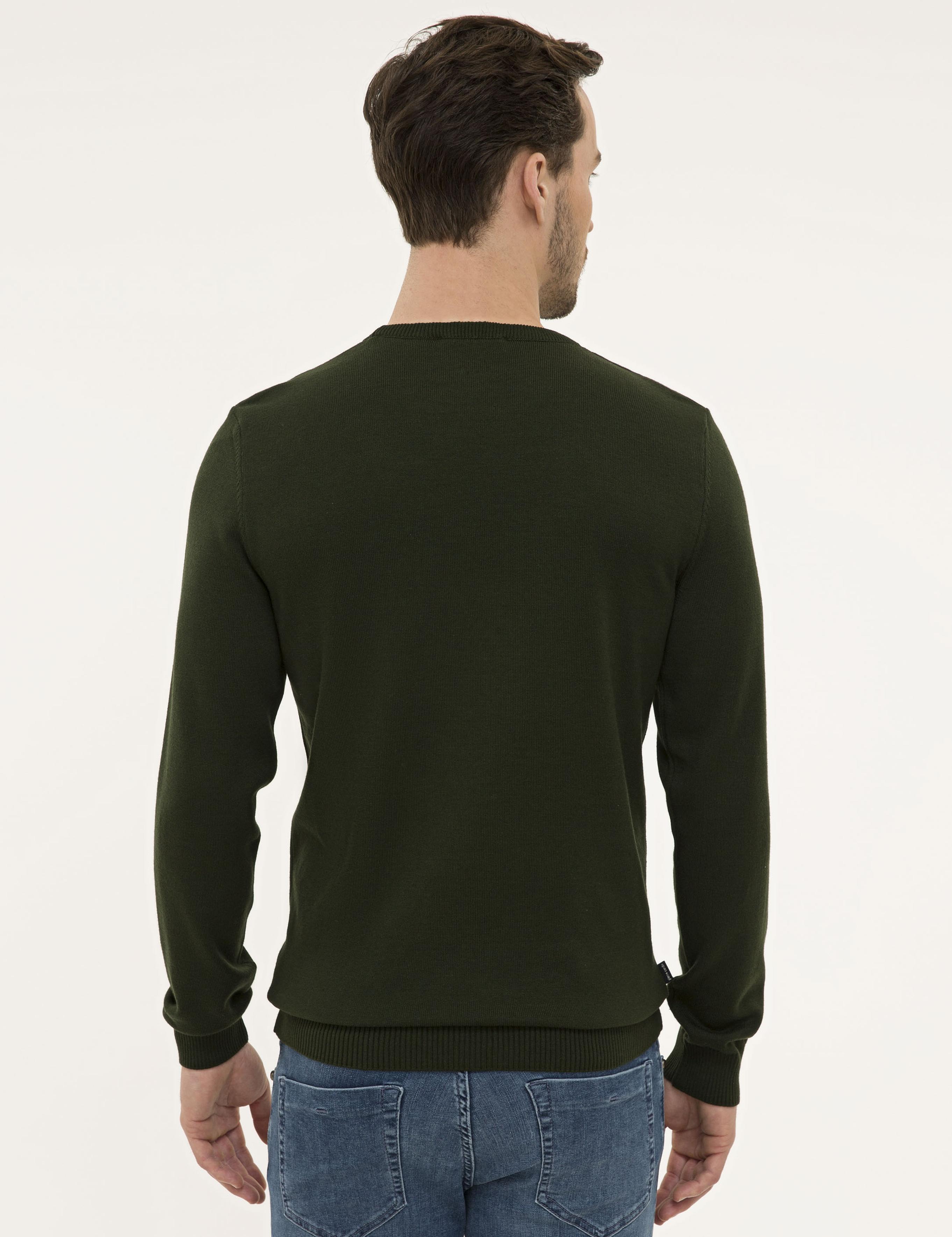 Koyu Yeşil Slim Fit Bisiklet Yaka Basic Triko Kazak