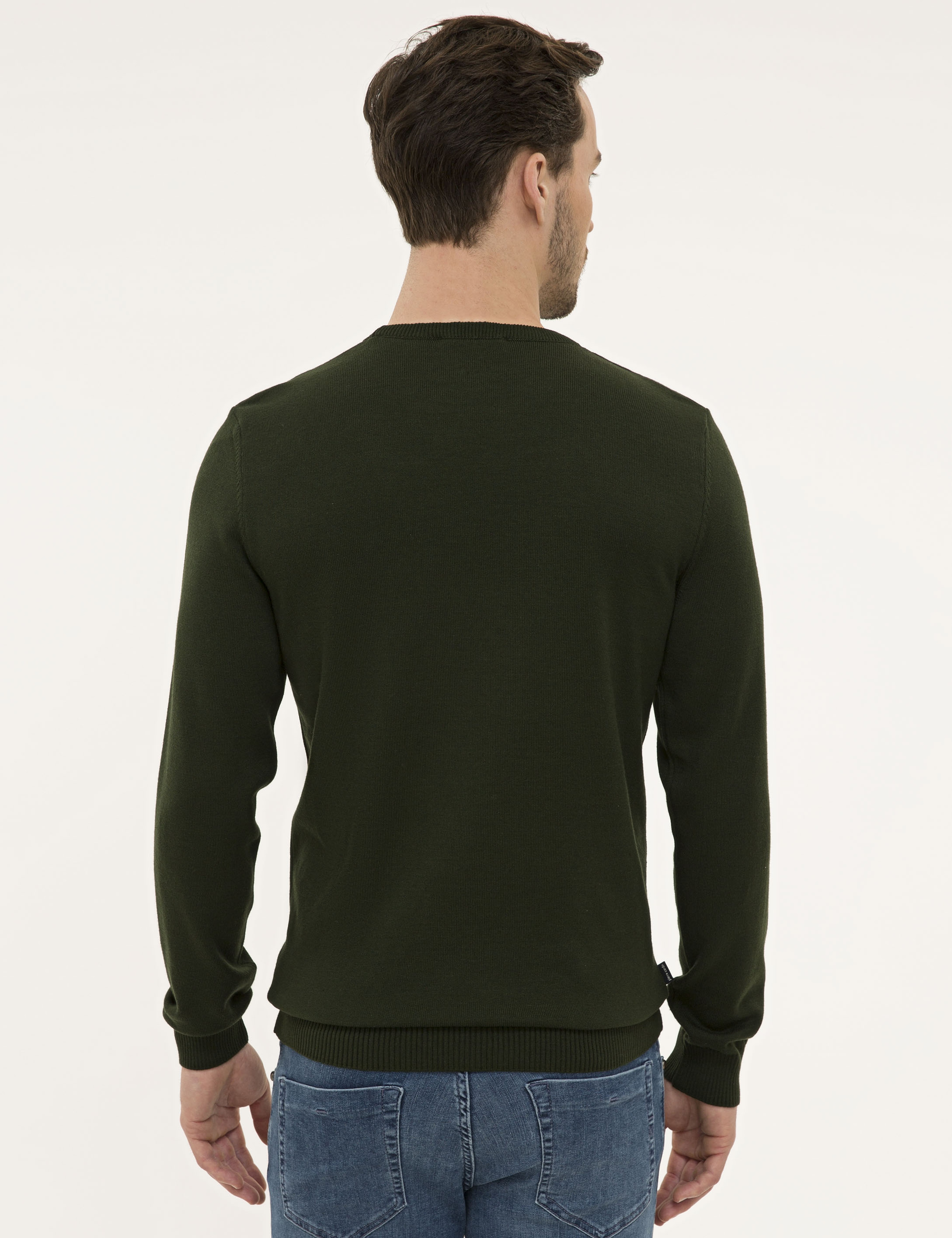 Koyu Yeşil Slim Fit Bisiklet Yaka Basic Triko Kazak