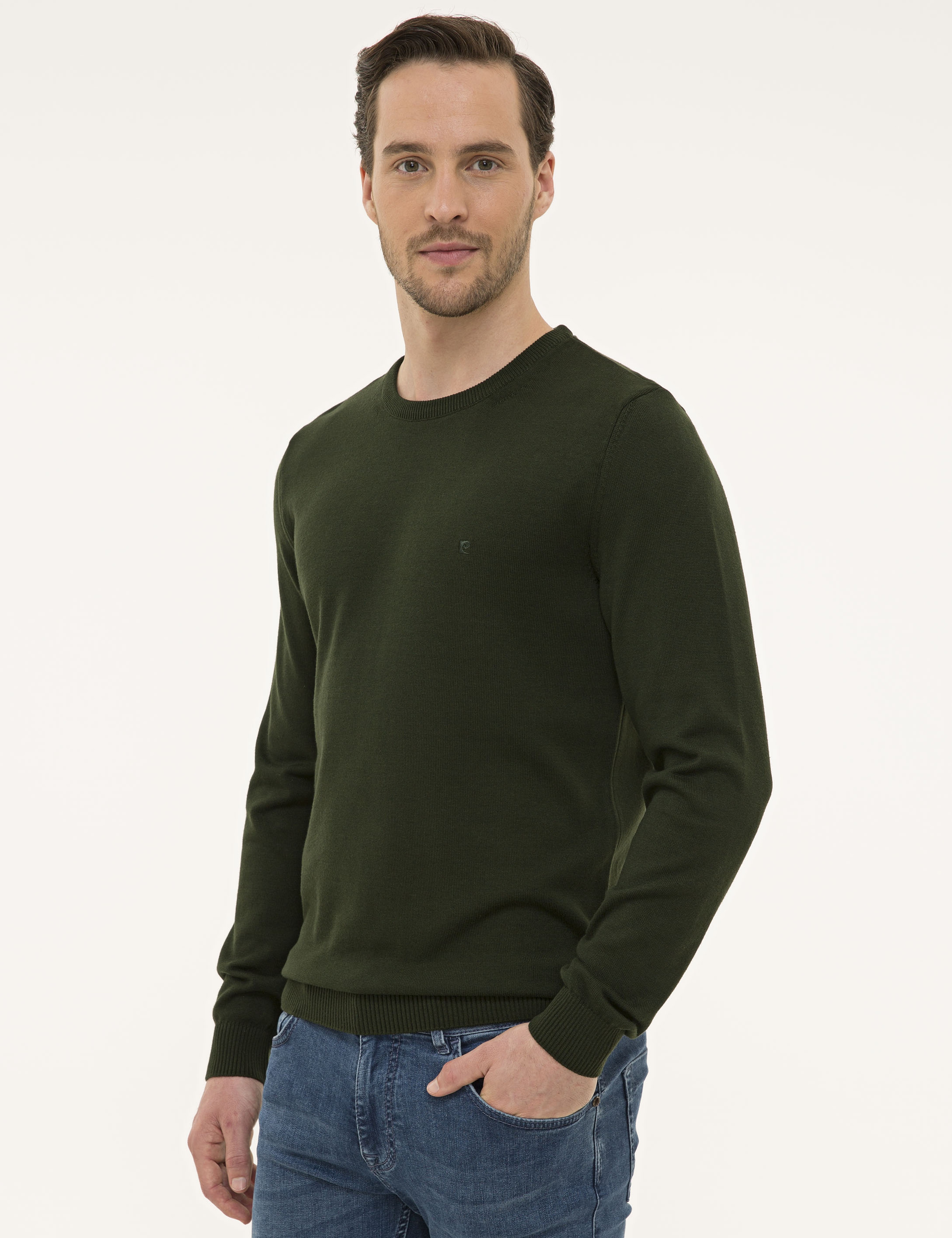 Koyu Yeşil Slim Fit Bisiklet Yaka Basic Triko Kazak