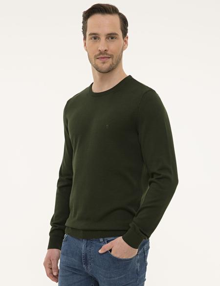 Koyu Yeşil Slim Fit Bisiklet Yaka Basic Triko Kazak - 50229215189