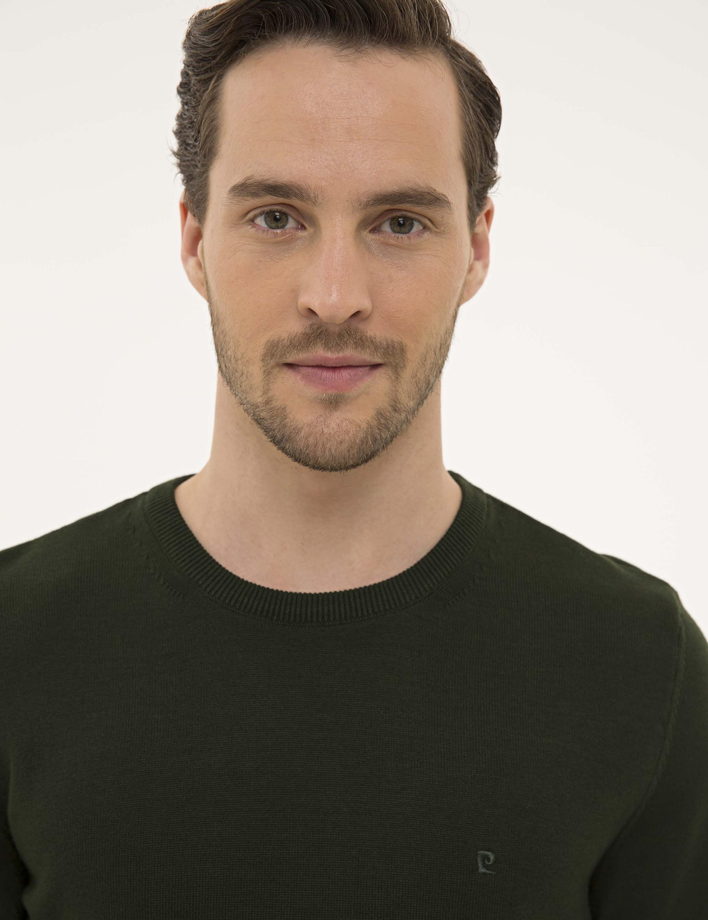 Koyu Yeşil Slim Fit Bisiklet Yaka Basic Triko Kazak