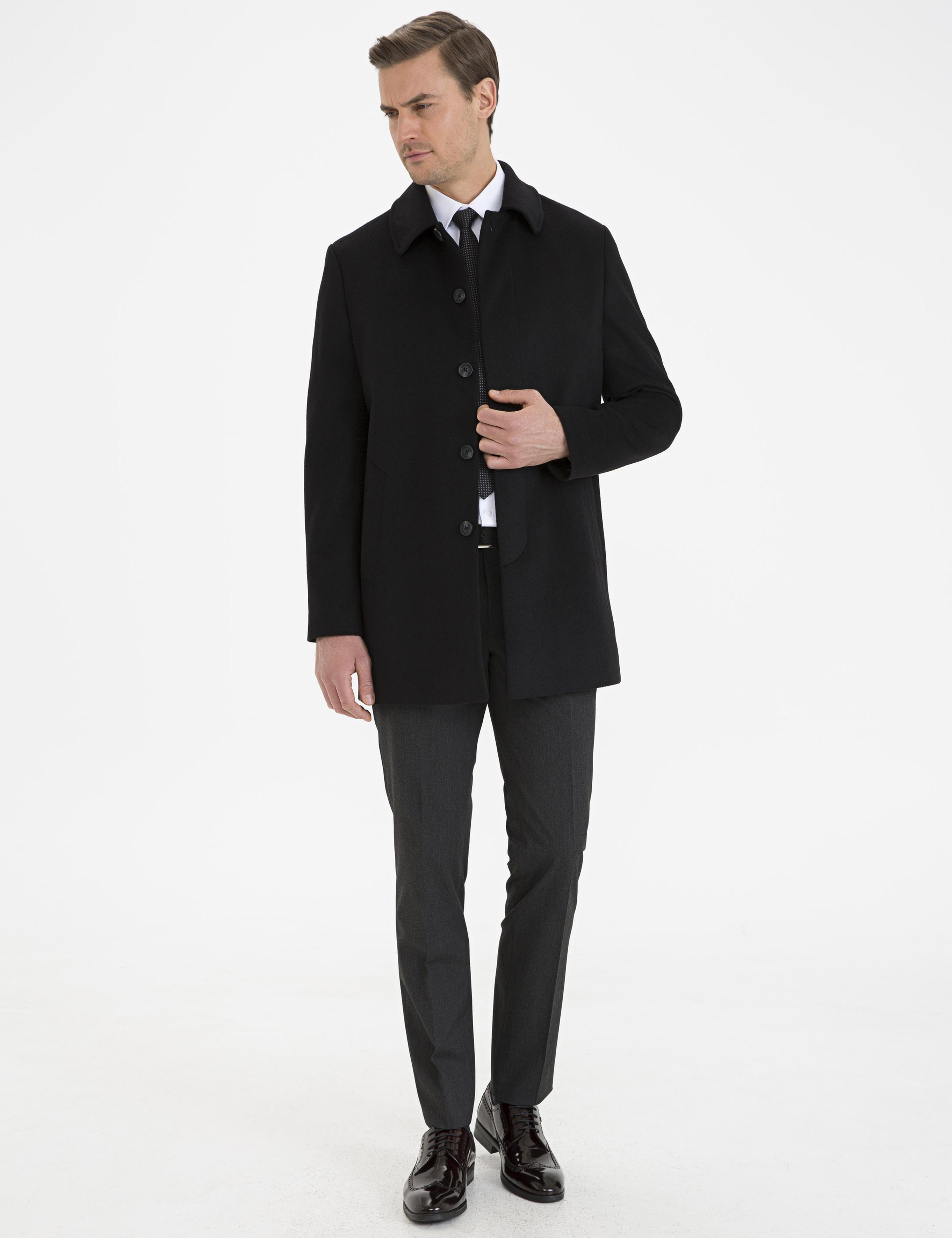 Siyah Slim Fit Kaban Kaşe