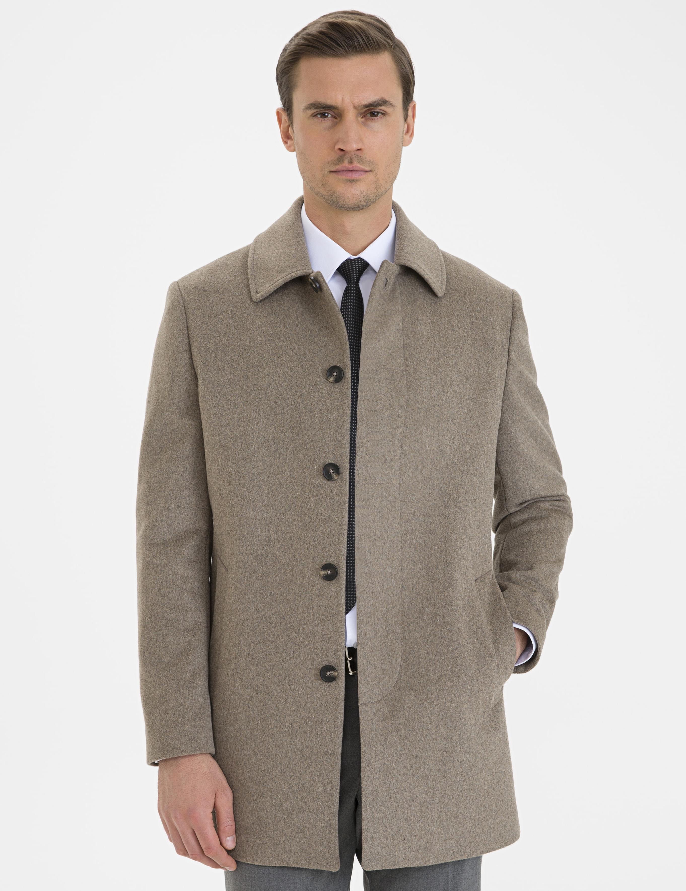 Açık Kahverengi Slim Fit Kaşe Kaban