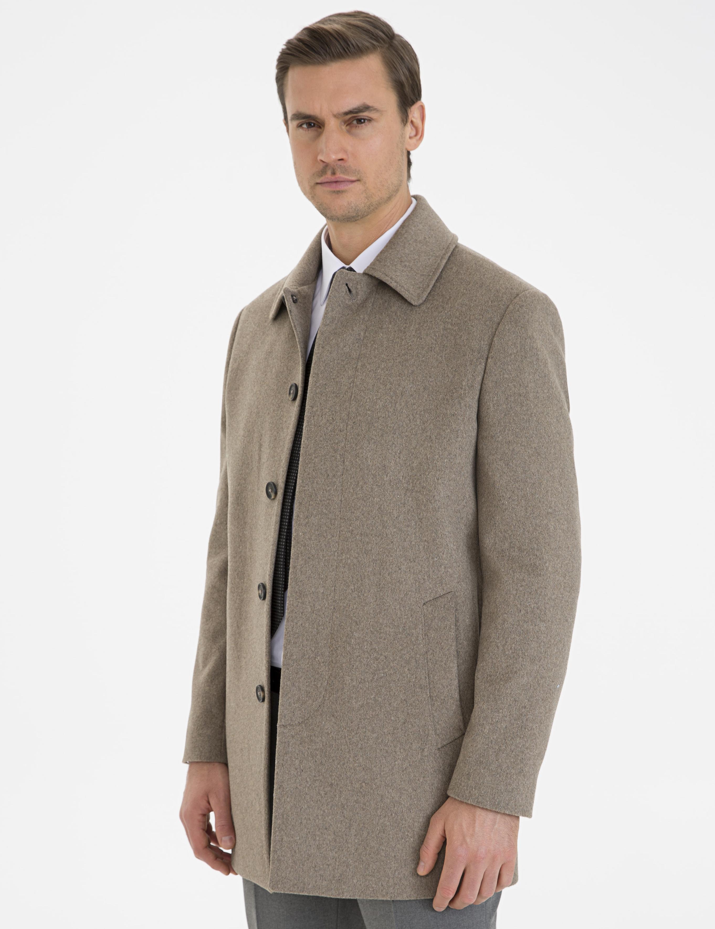 Açık Kahverengi Slim Fit Kaşe Kaban