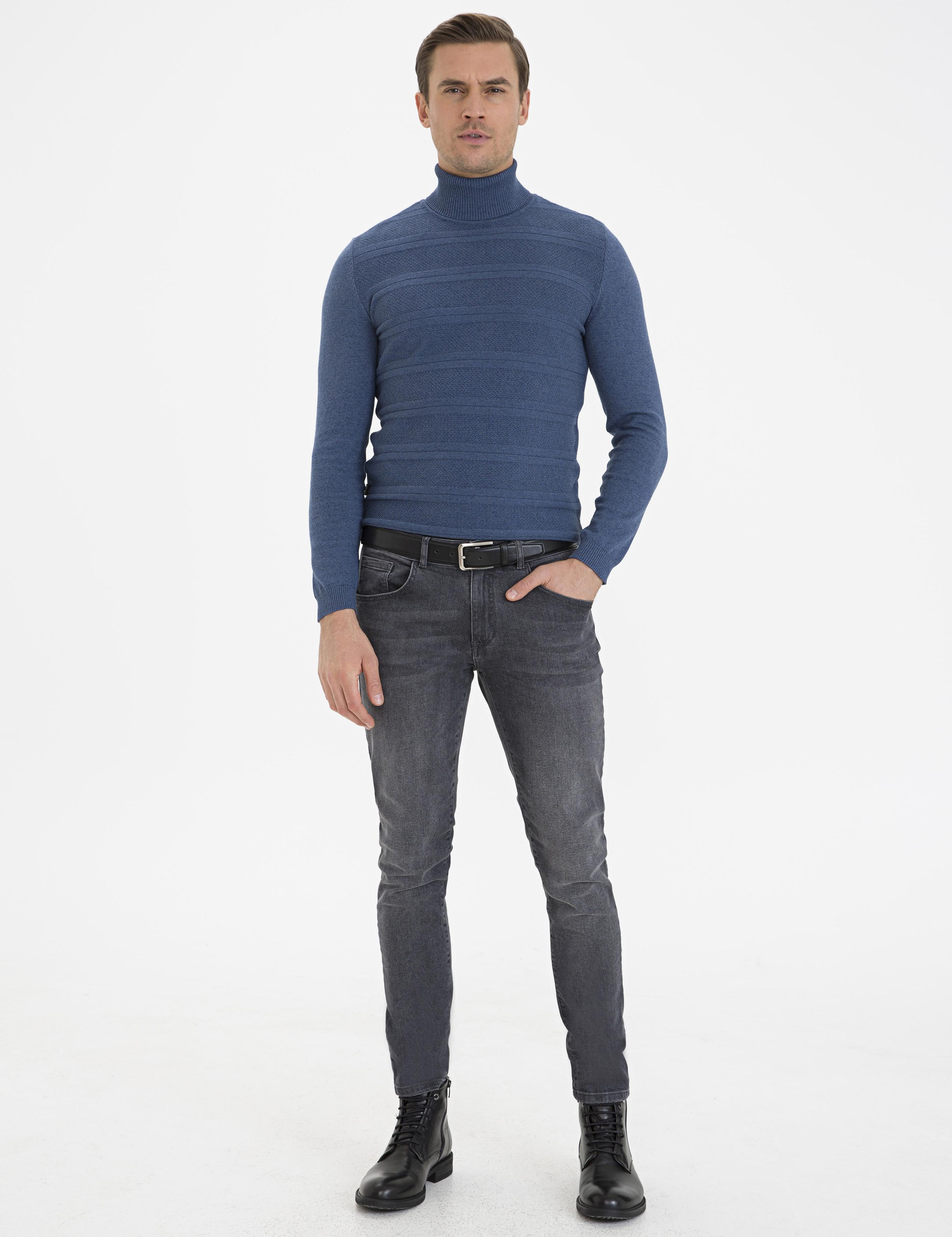 İndigo Melanj Slim Fit Balıkçı Yaka Triko Kazak