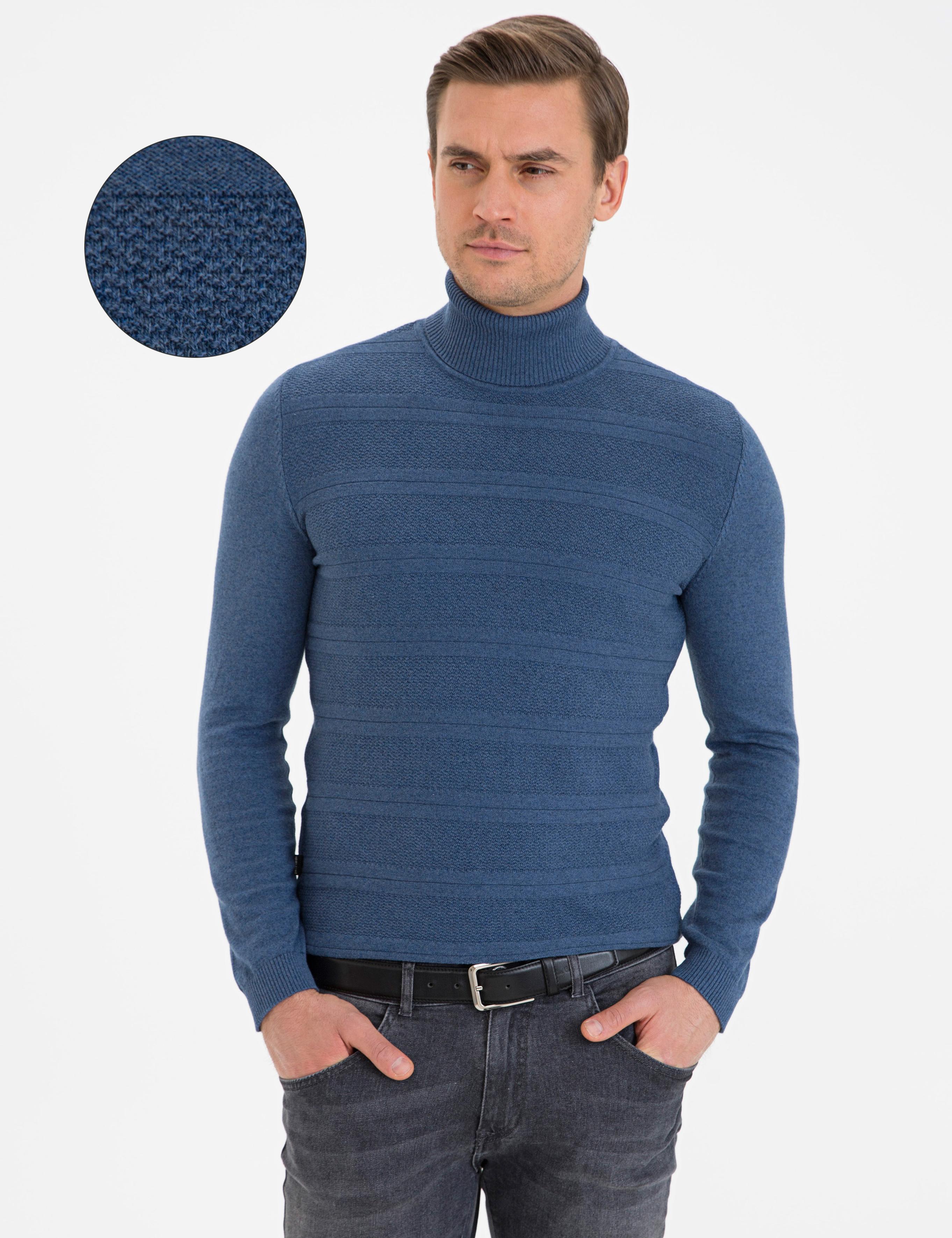 İndigo Melanj Slim Fit Balıkçı Yaka Triko Kazak