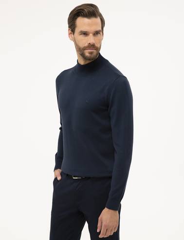 Lacivert Slim Fit Yarım Balıkçı Yaka Basic Triko Kazak