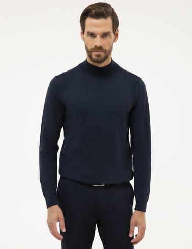Lacivert Slim Fit Yarım Balıkçı Yaka Basic Triko Kazak