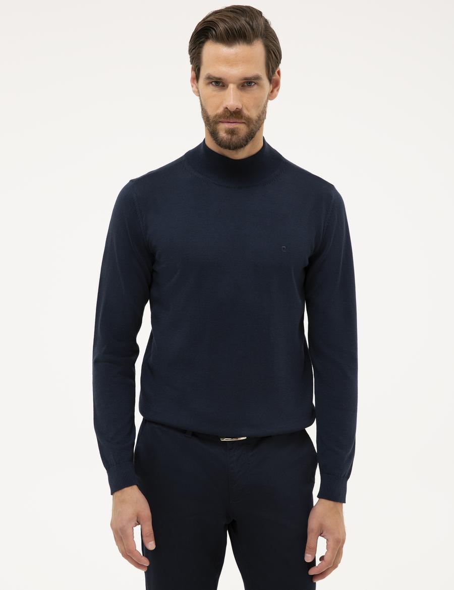 Lacivert Slim Fit Yarım Balıkçı Yaka Basic Triko Kazak