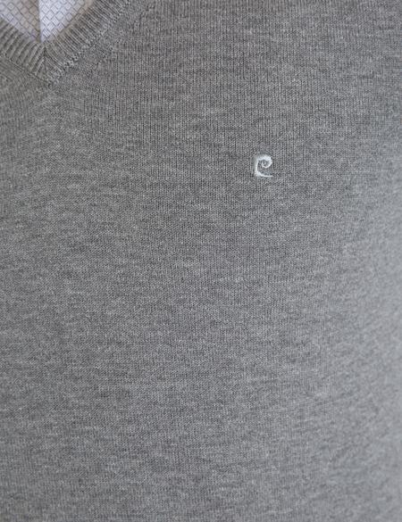 Gri Melanj Slim Fit V Yaka Basic Triko Kazak - 50229214103