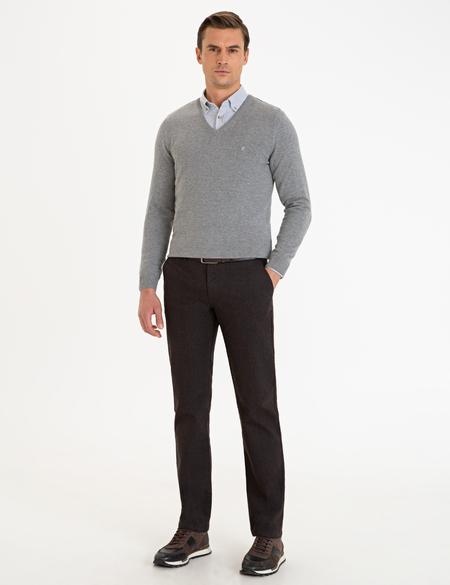 Gri Melanj Slim Fit V Yaka Basic Triko Kazak - 50229214103