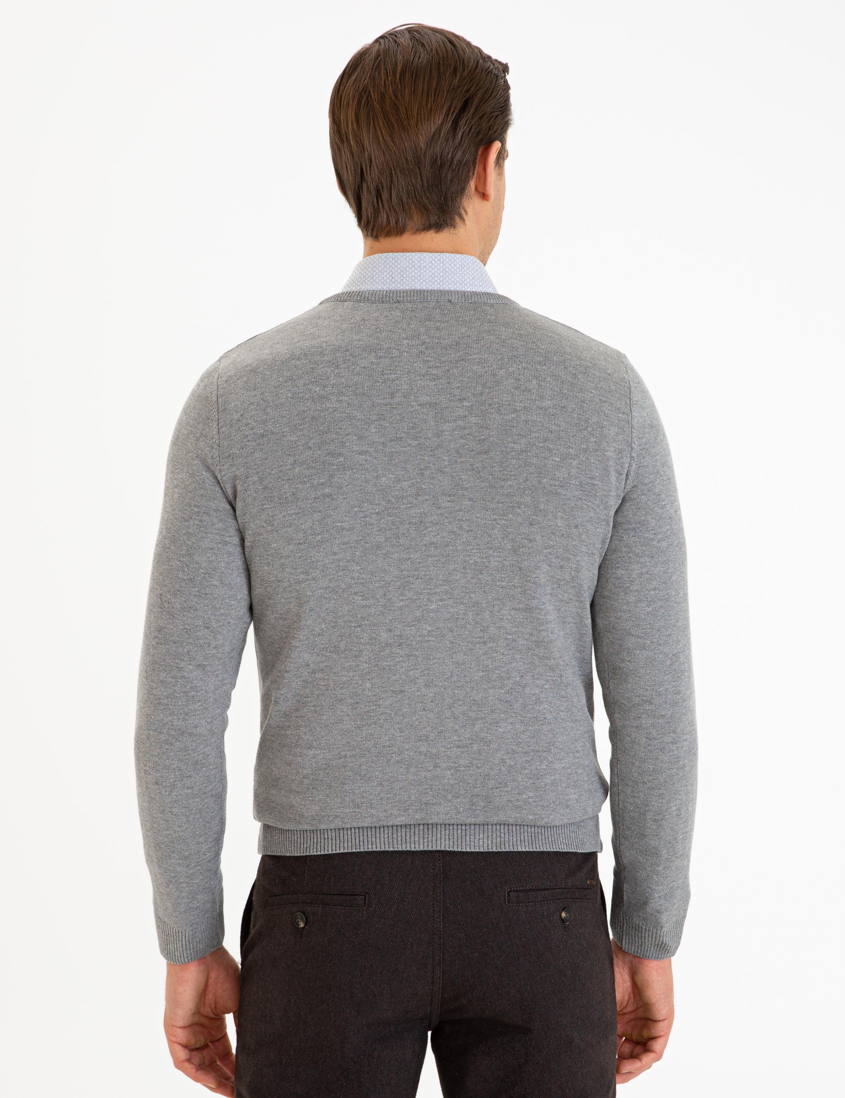 Gri Melanj Slim Fit V Yaka Basic Triko Kazak