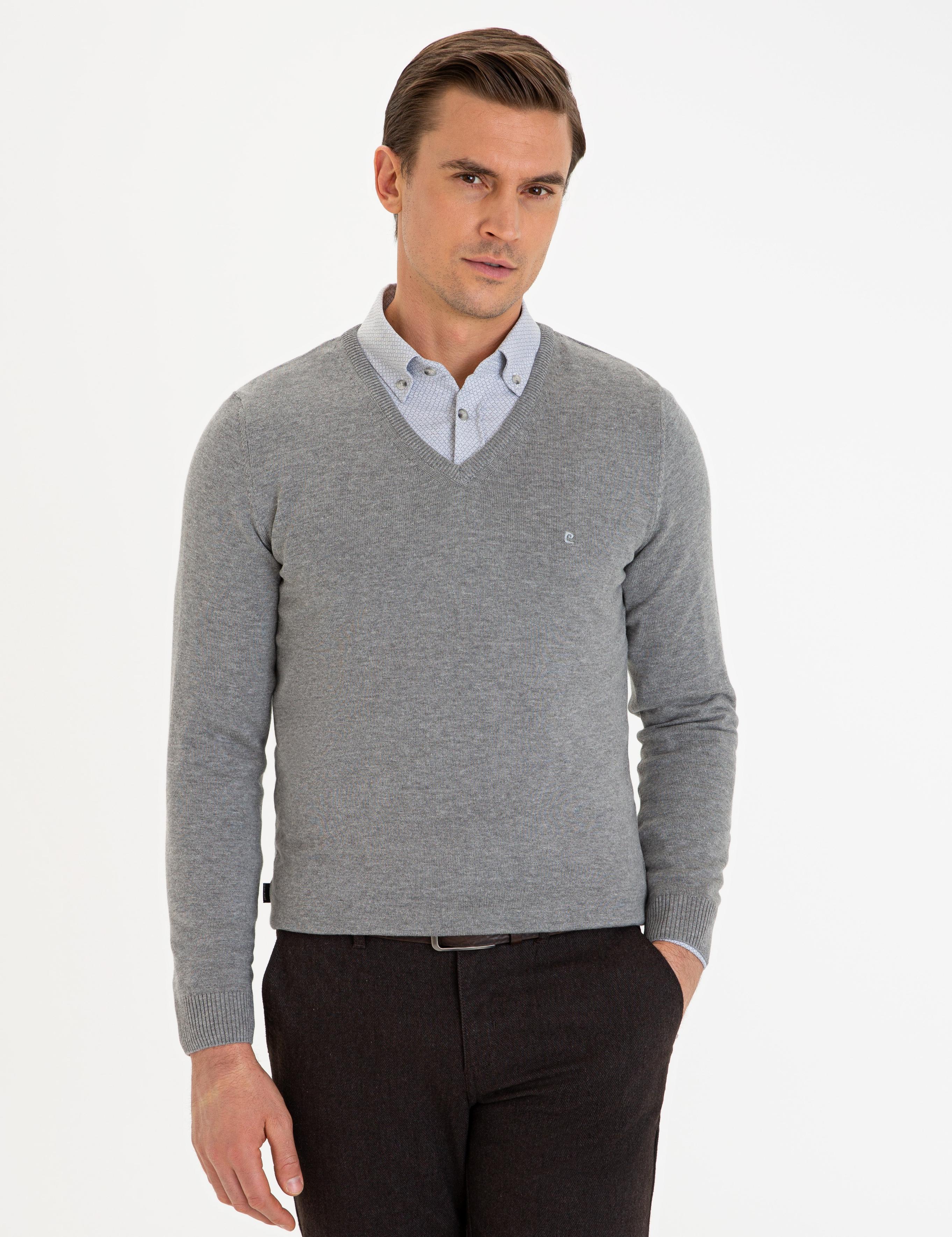 Gri Melanj Slim Fit V Yaka Basic Triko Kazak