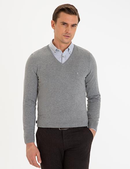 Gri Melanj Slim Fit V Yaka Basic Triko Kazak - 50229214103