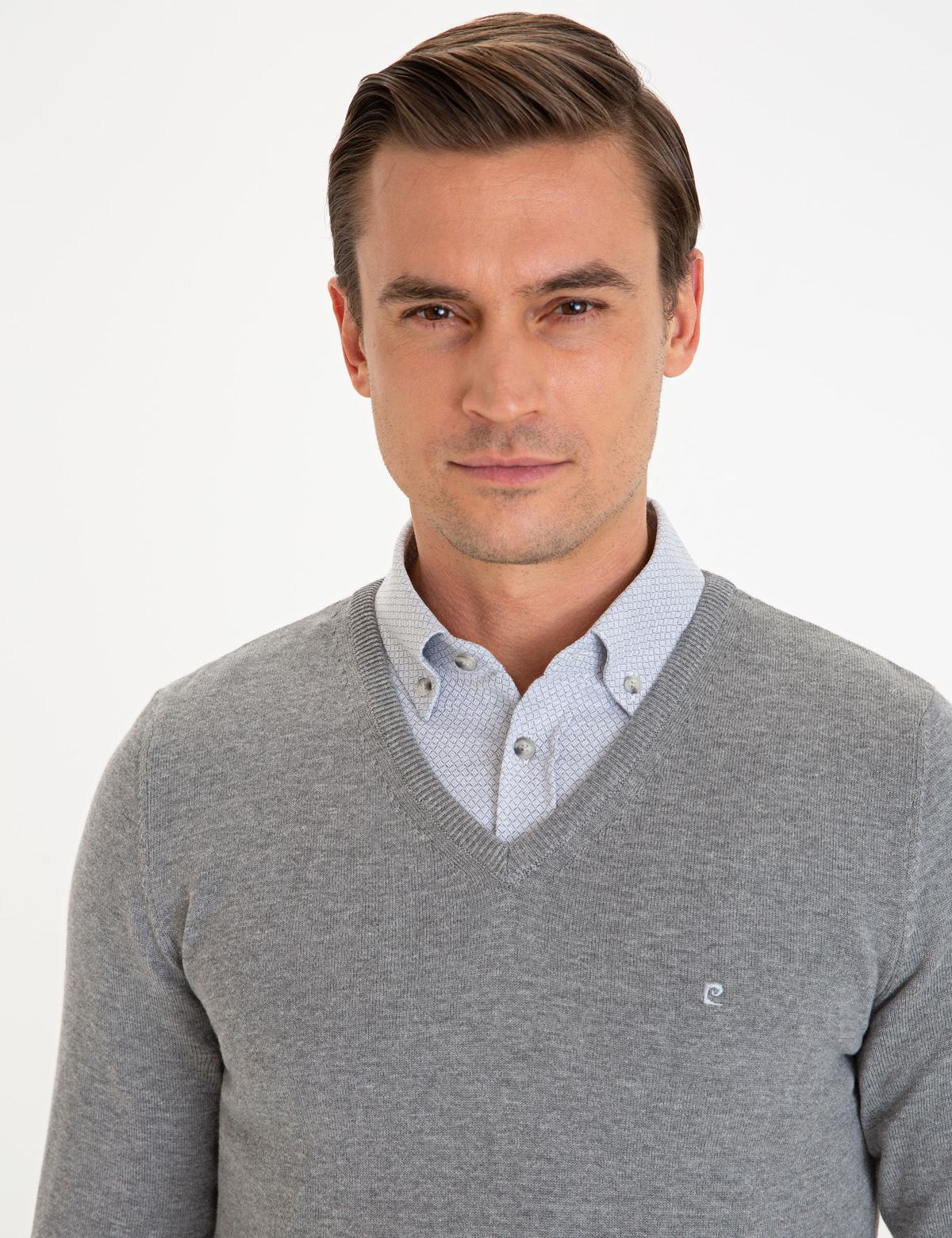 Gri Melanj Slim Fit V Yaka Basic Triko Kazak - 50229214103