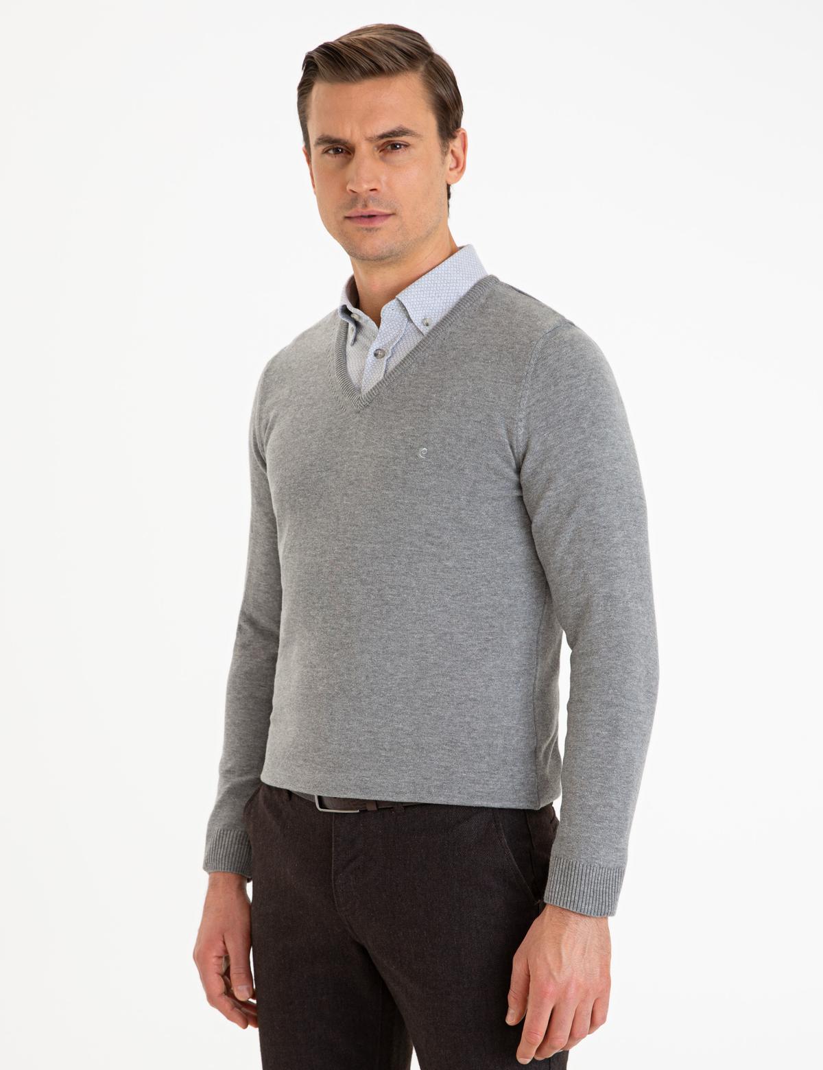 Gri Melanj Slim Fit V Yaka Basic Triko Kazak - 50229214103