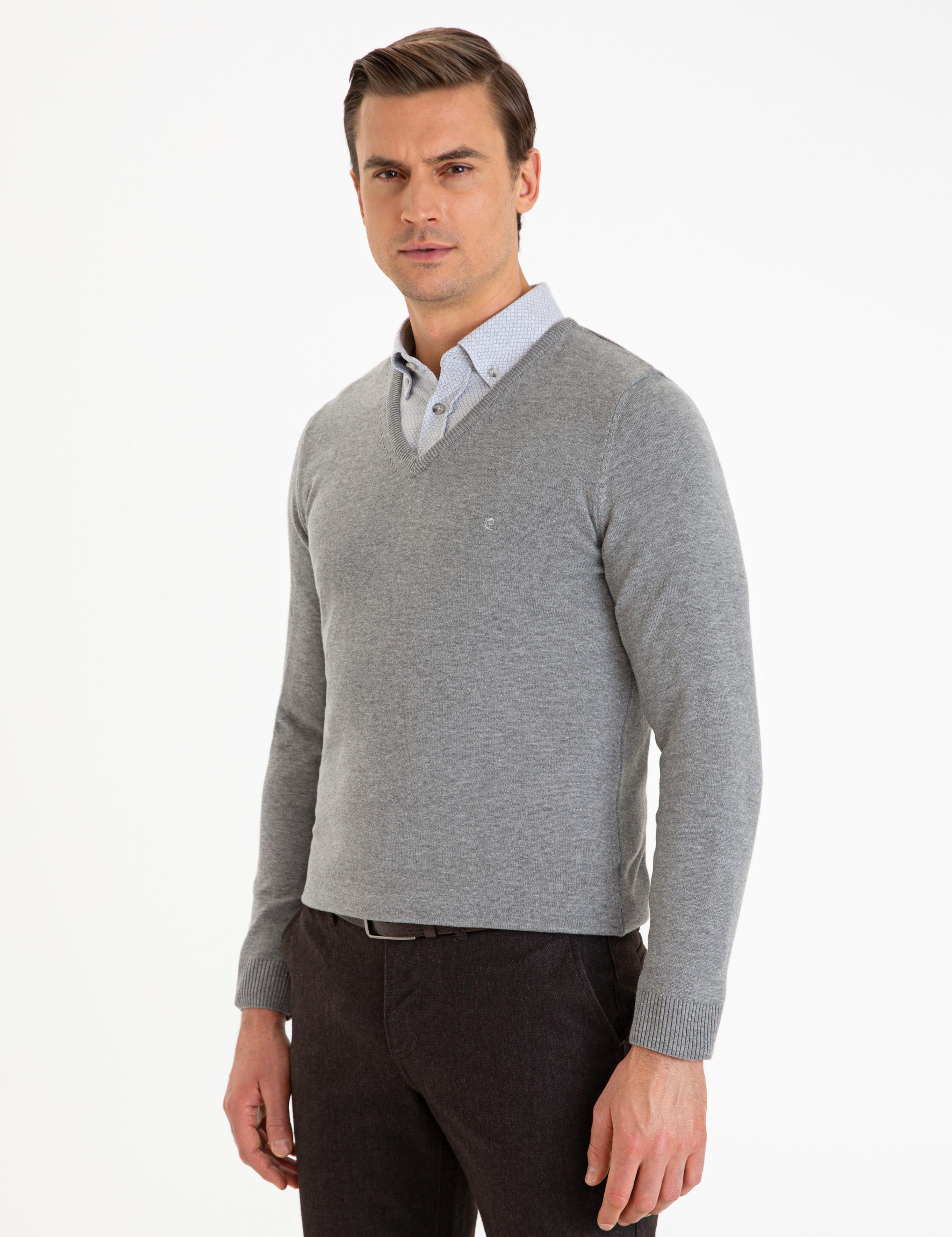 Gri Melanj Slim Fit V Yaka Basic Triko Kazak