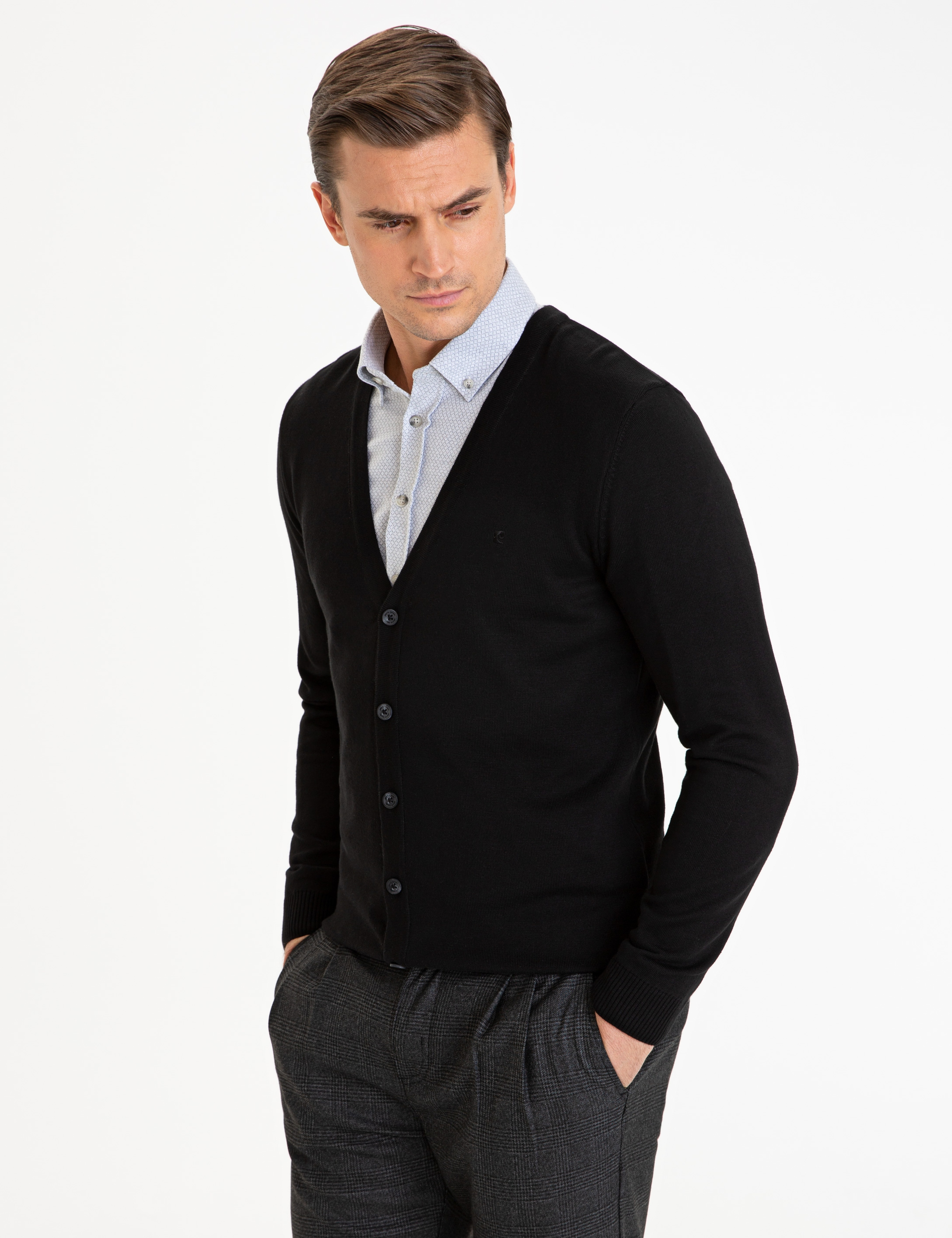 Siyah Slim Fit Basic Düğmeli Triko Hırka