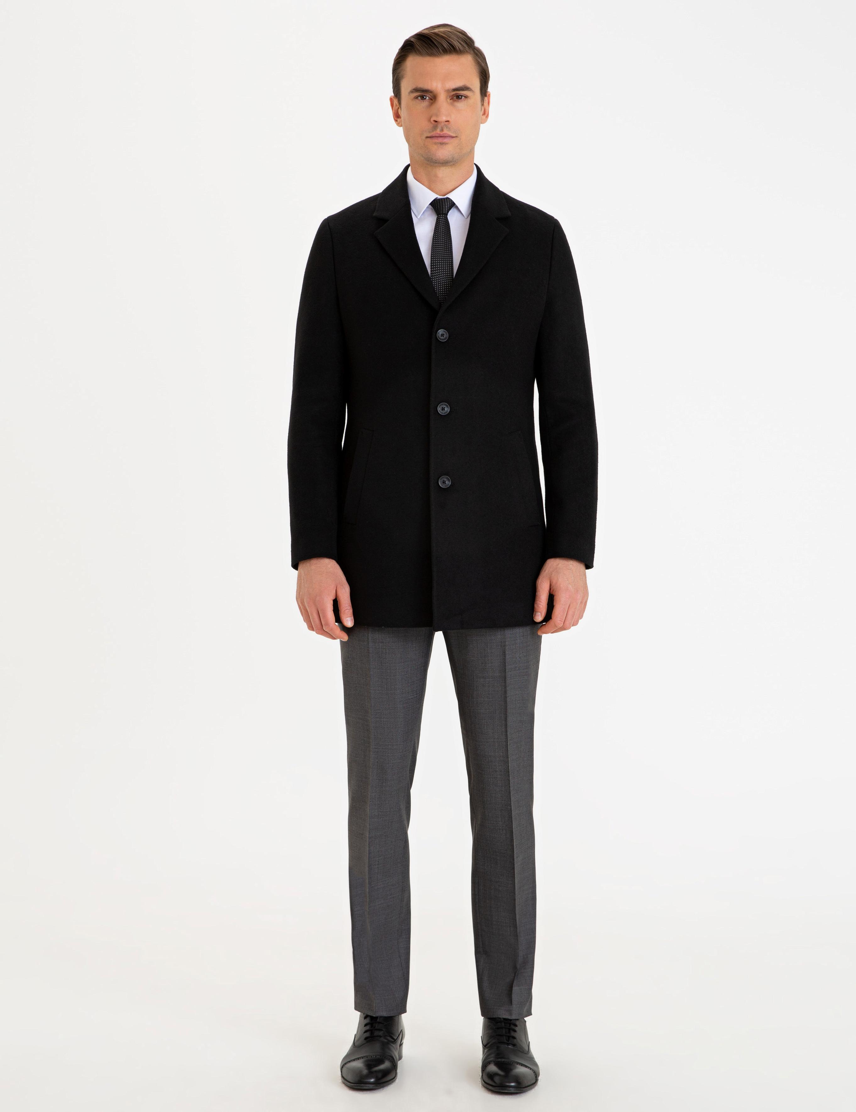 Siyah Ekstra Slim Fit Kaban Kaşe