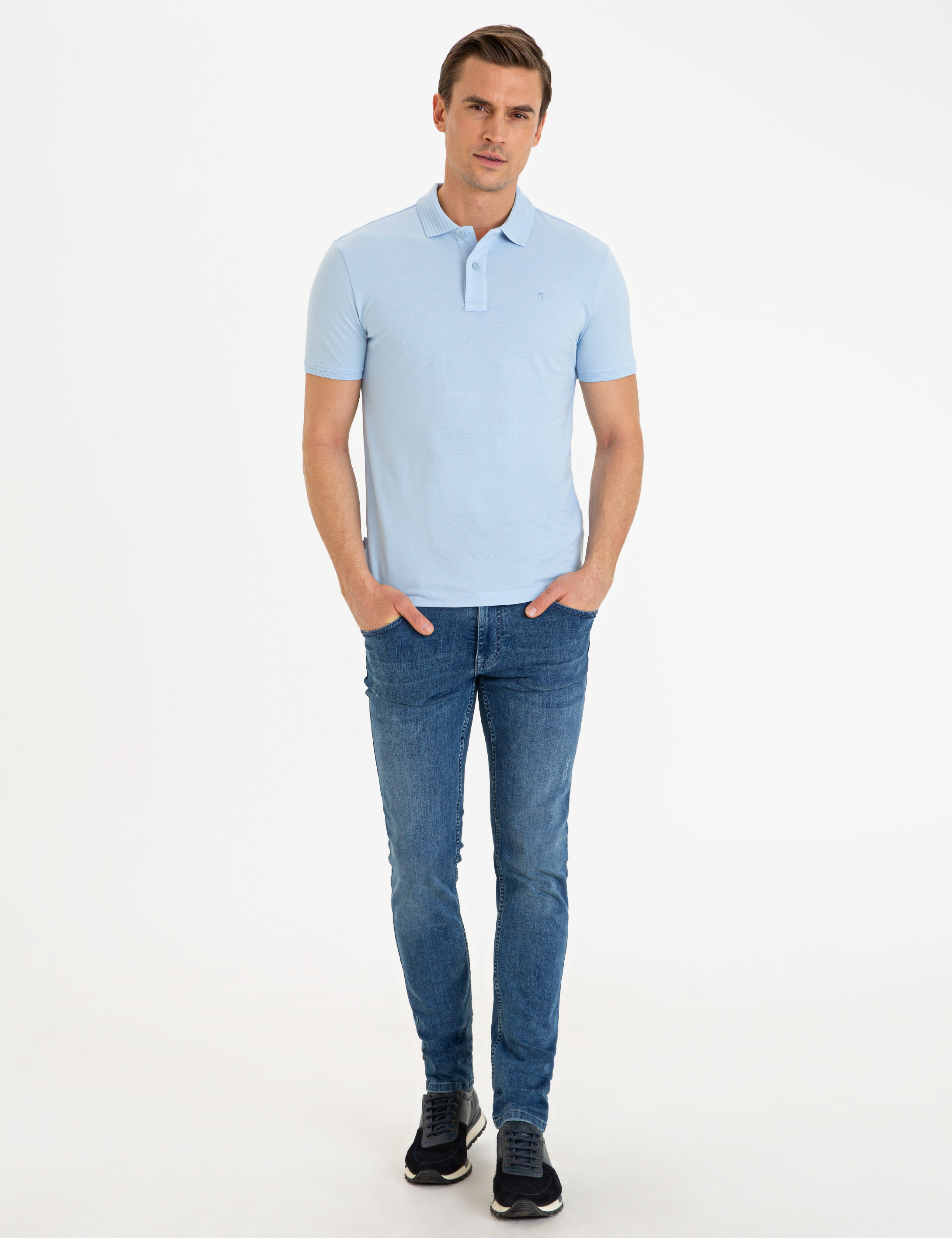 Açık Mavi Slim Fit Polo Yaka Basic Tişört - Image 4