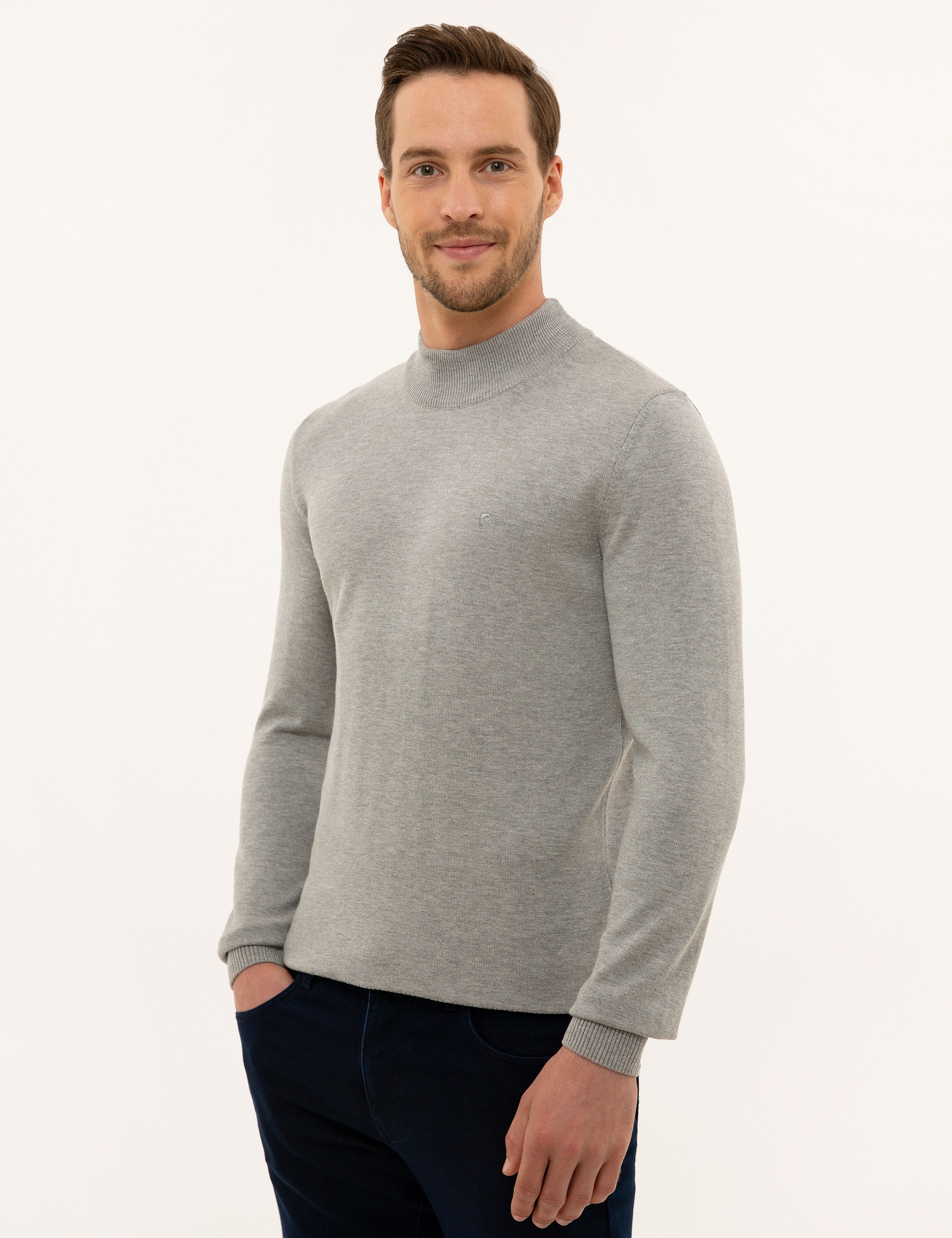 Açık Gri Melanj Slim Fit Yarım Balıkçı Yaka Triko Kazak - Image 3
