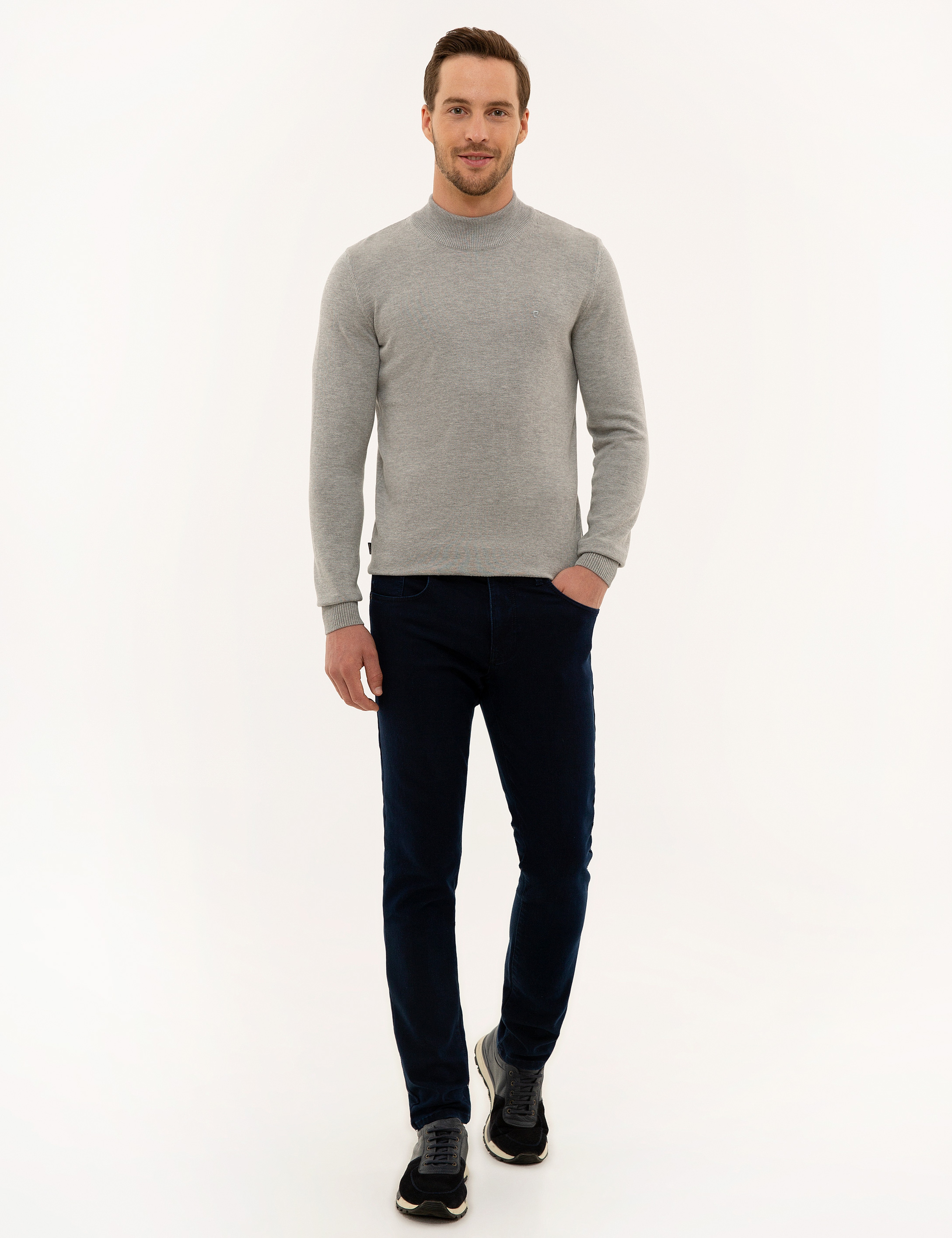 Açık Gri Melanj Slim Fit Yarım Balıkçı Yaka Triko Kazak - Image 5