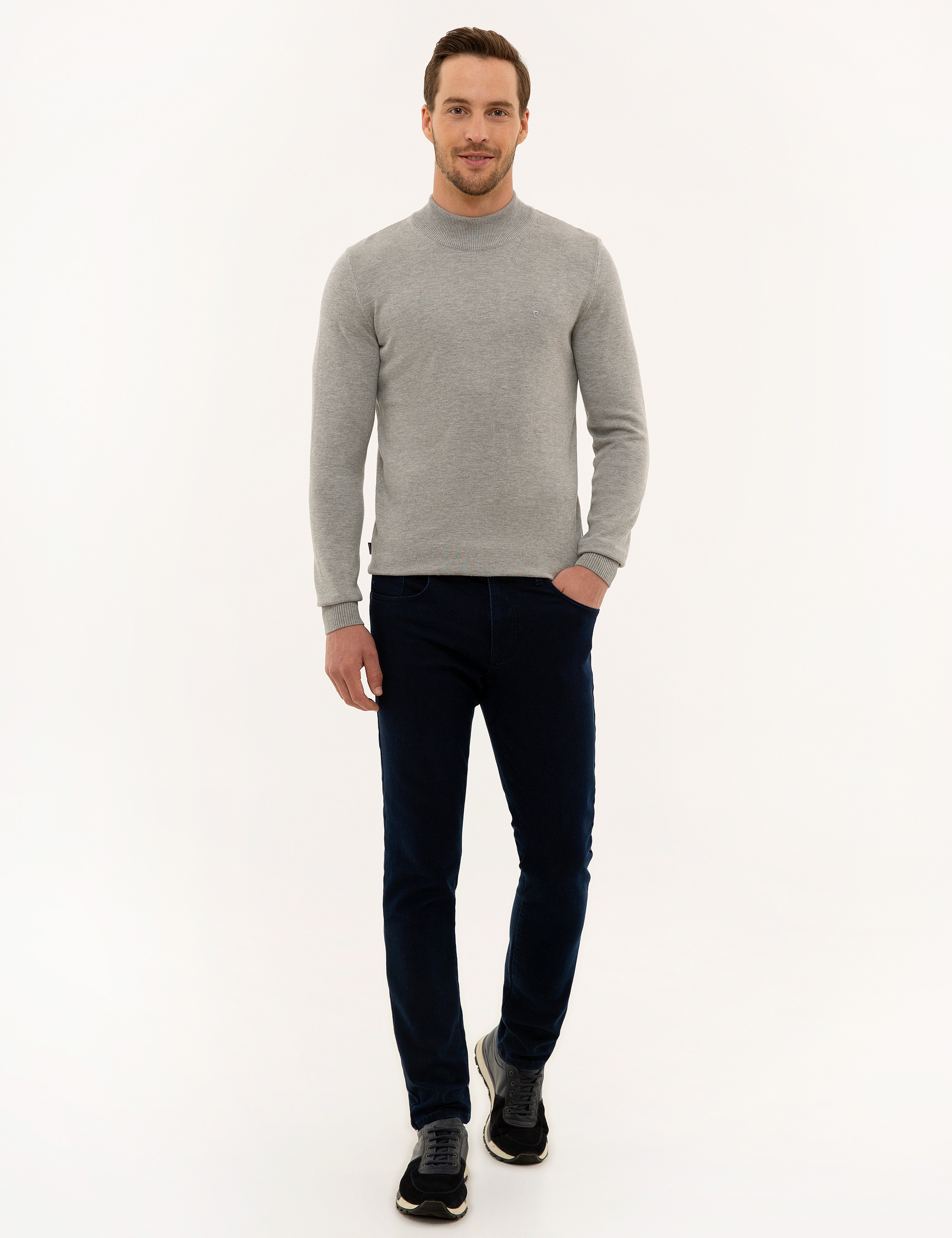 Açık Gri Melanj Slim Fit Yarım Balıkçı Yaka Triko Kazak