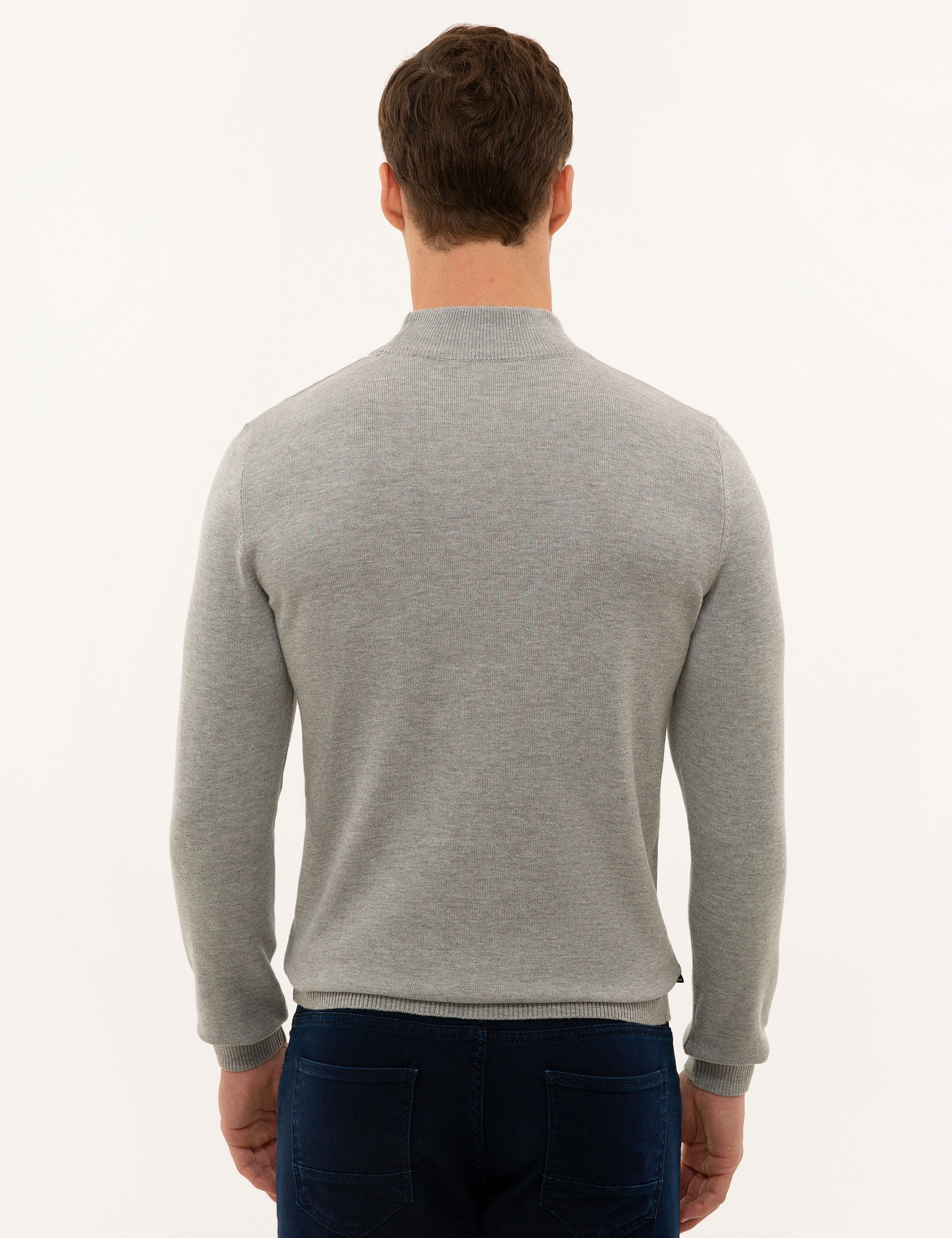 Açık Gri Melanj Slim Fit Yarım Balıkçı Yaka Triko Kazak - Image 4