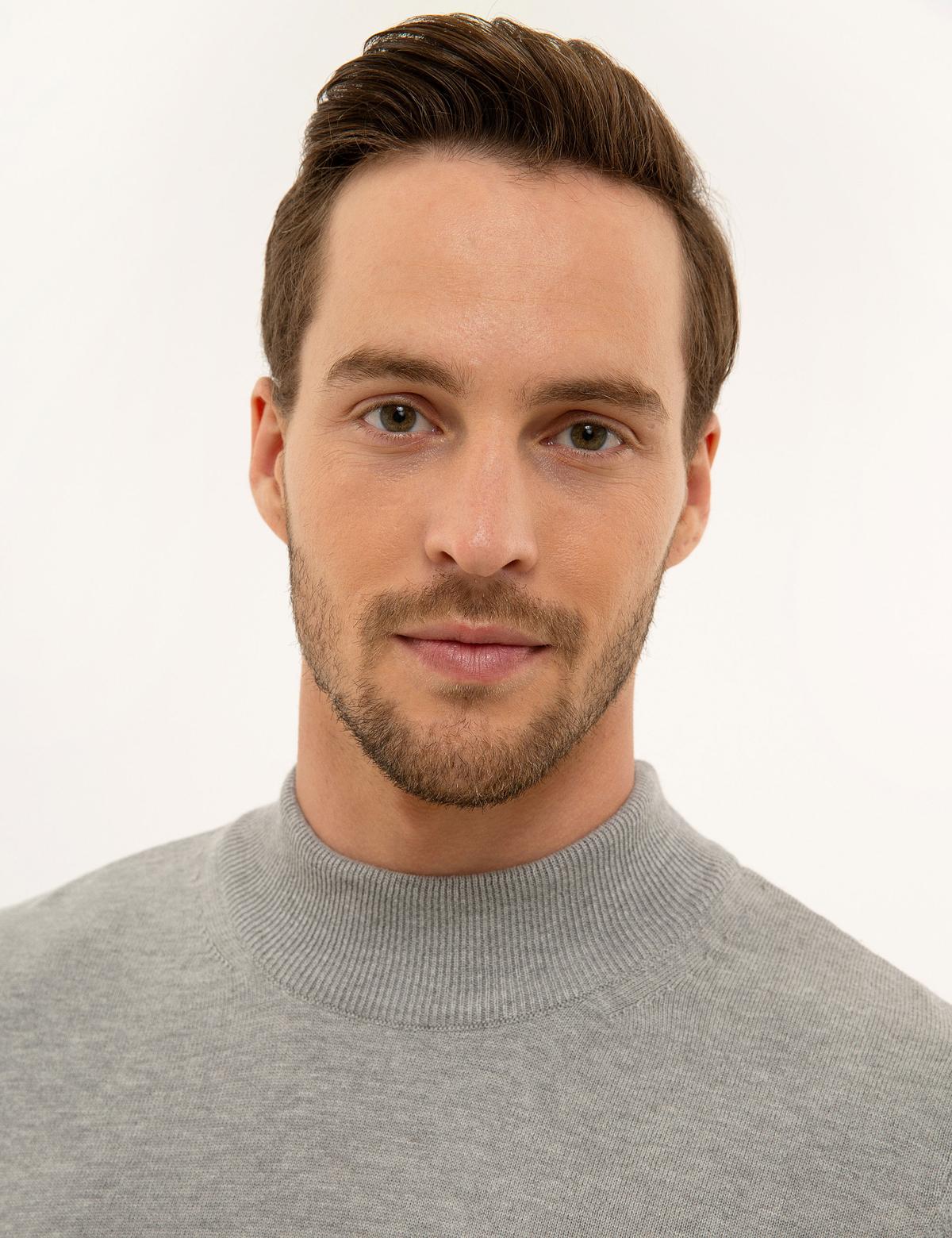 Açık Gri Melanj Slim Fit Yarım Balıkçı Yaka Triko Kazak - 50227091137