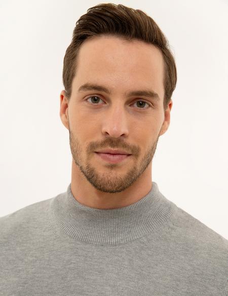 Açık Gri Melanj Slim Fit Yarım Balıkçı Yaka Triko Kazak - 50227091137