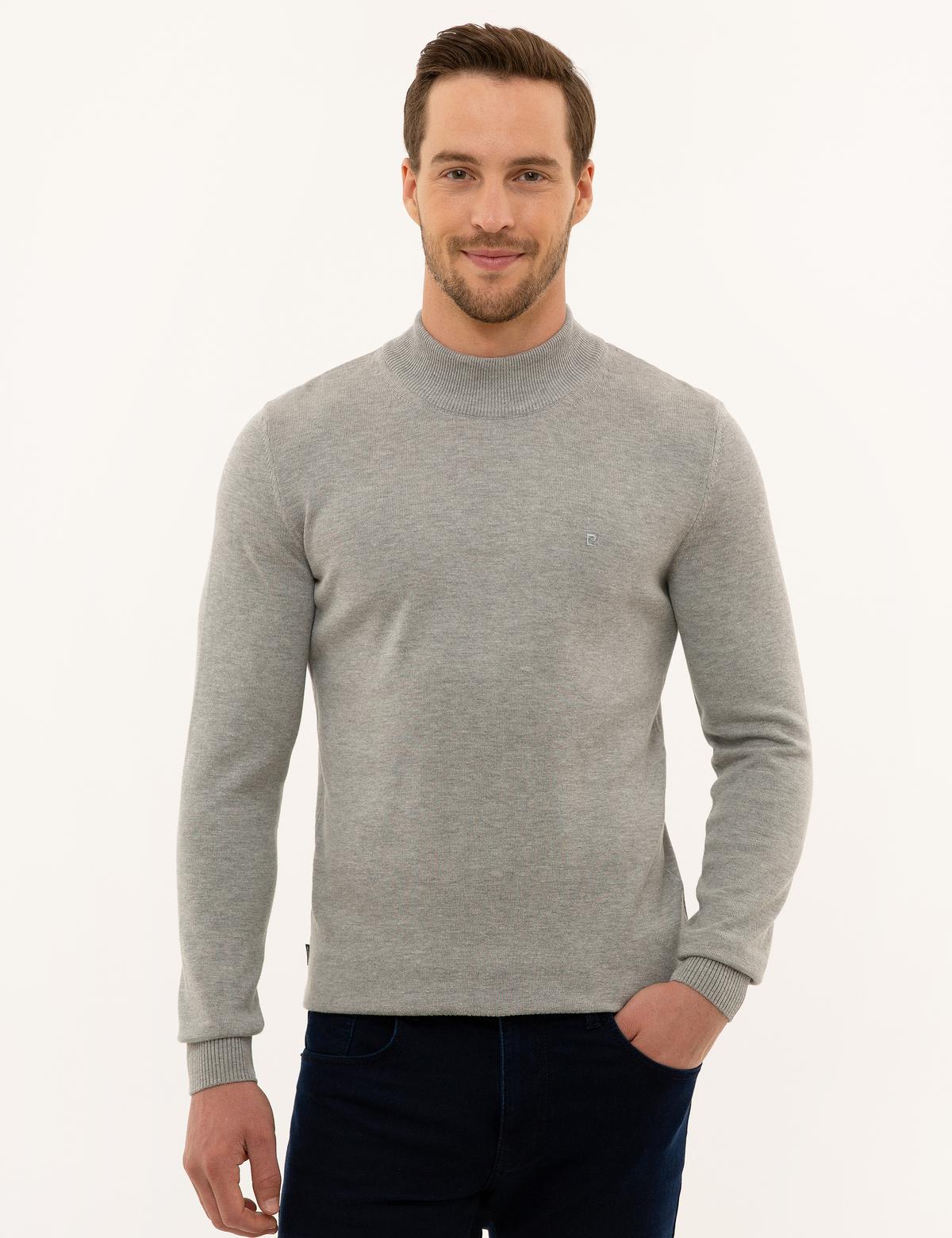 Açık Gri Melanj Slim Fit Yarım Balıkçı Yaka Triko Kazak