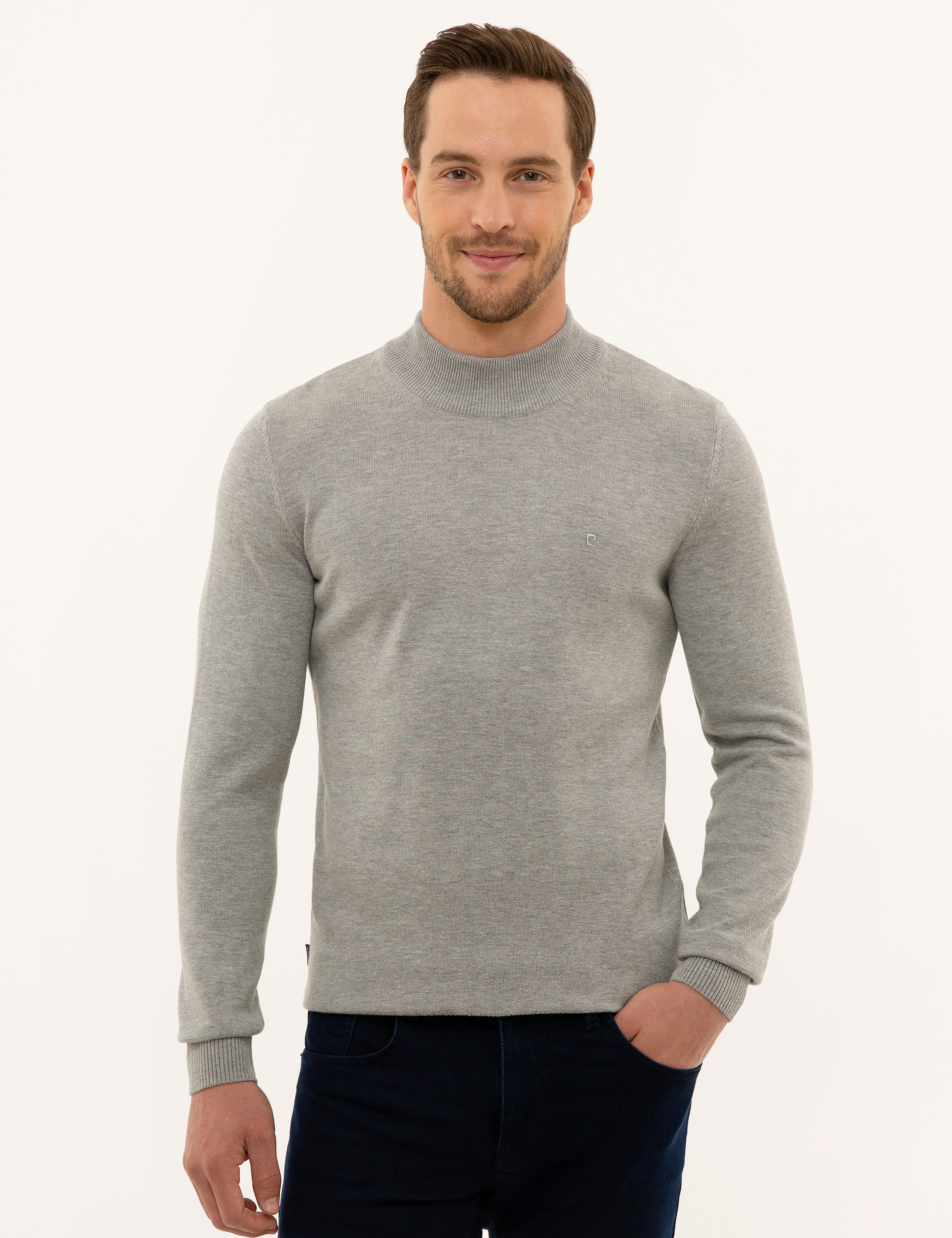 Açık Gri Melanj Slim Fit Yarım Balıkçı Yaka Triko Kazak - Image 1