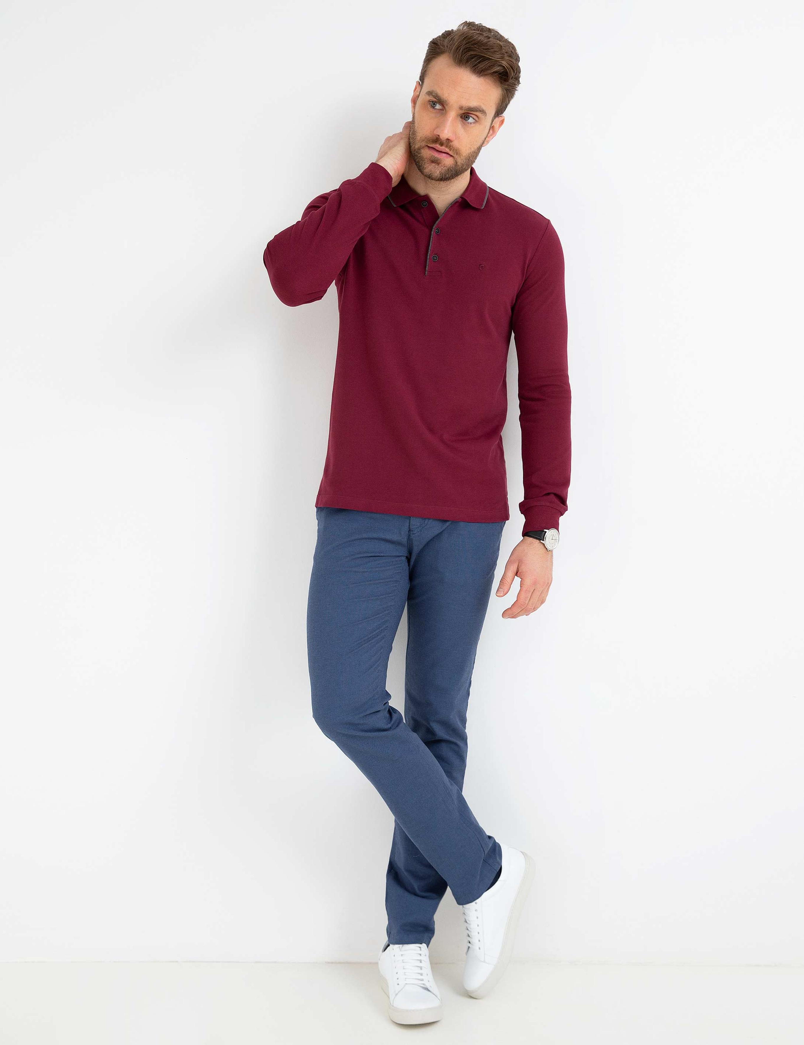 Bordo Slim Fit Polo Yaka Sweatshirt