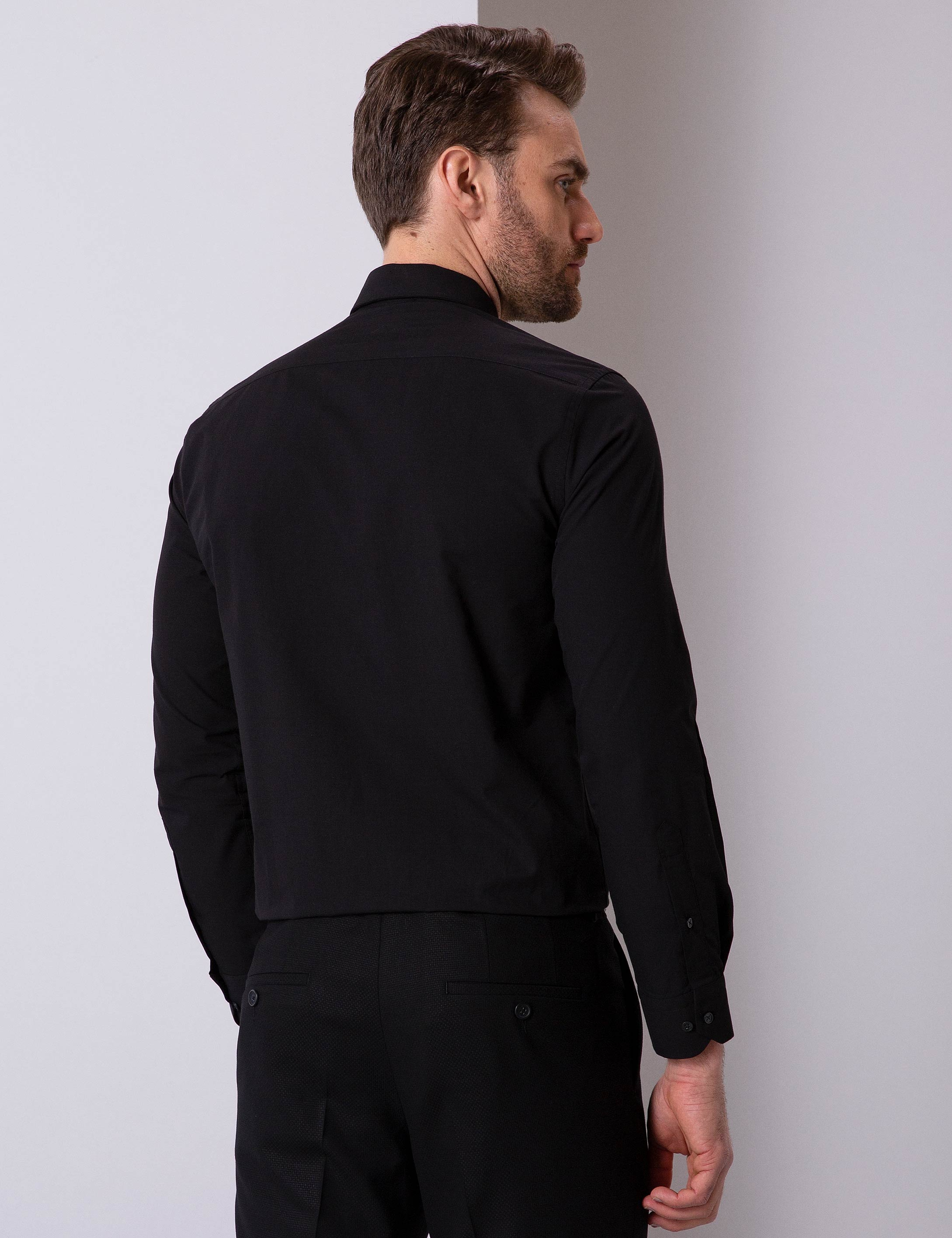 Siyah Slim Fit Uzun Kollu Basic Gömlek - Image 3