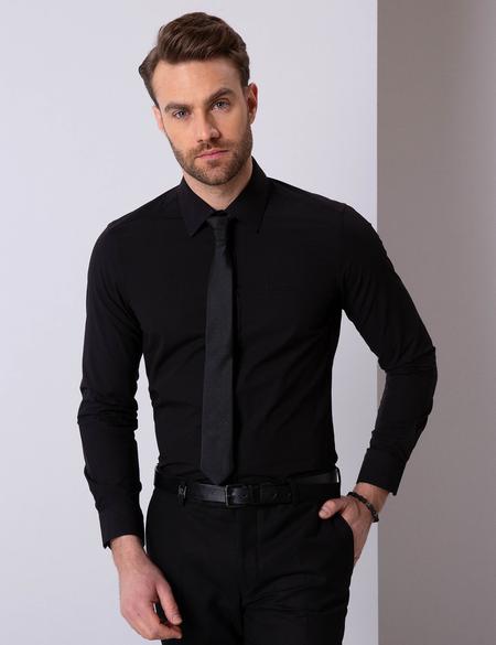 Siyah Slim Fit Uzun Kollu Basic Gömlek - 50204593012